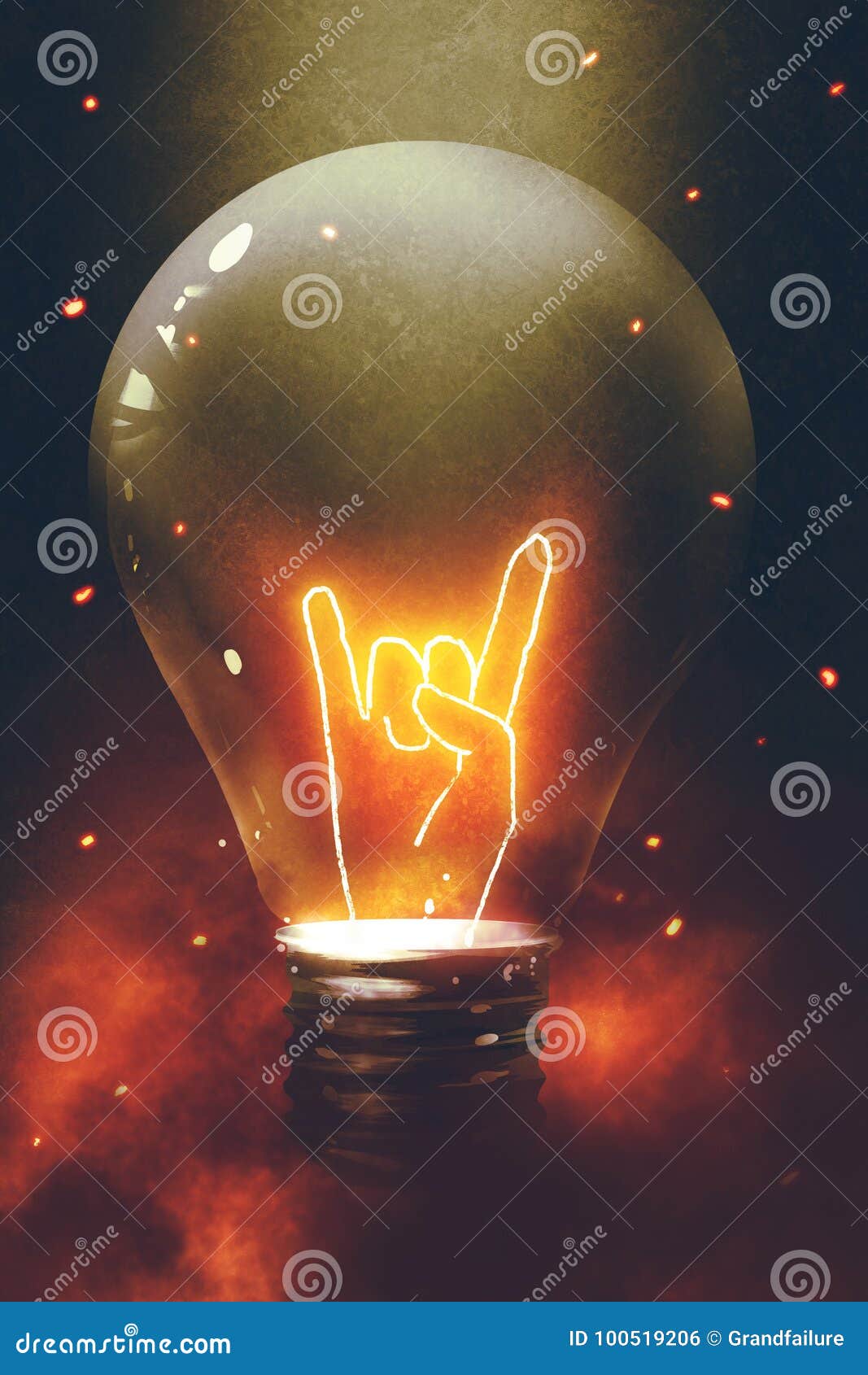 the bulb with glowing devil horns sign gesture hand
