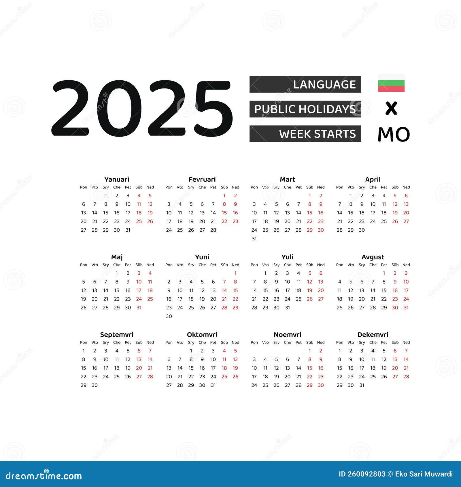 Bulgaria Calendar 2025. Week Starts from Monday. Vector Graphic Design Stock Illustration