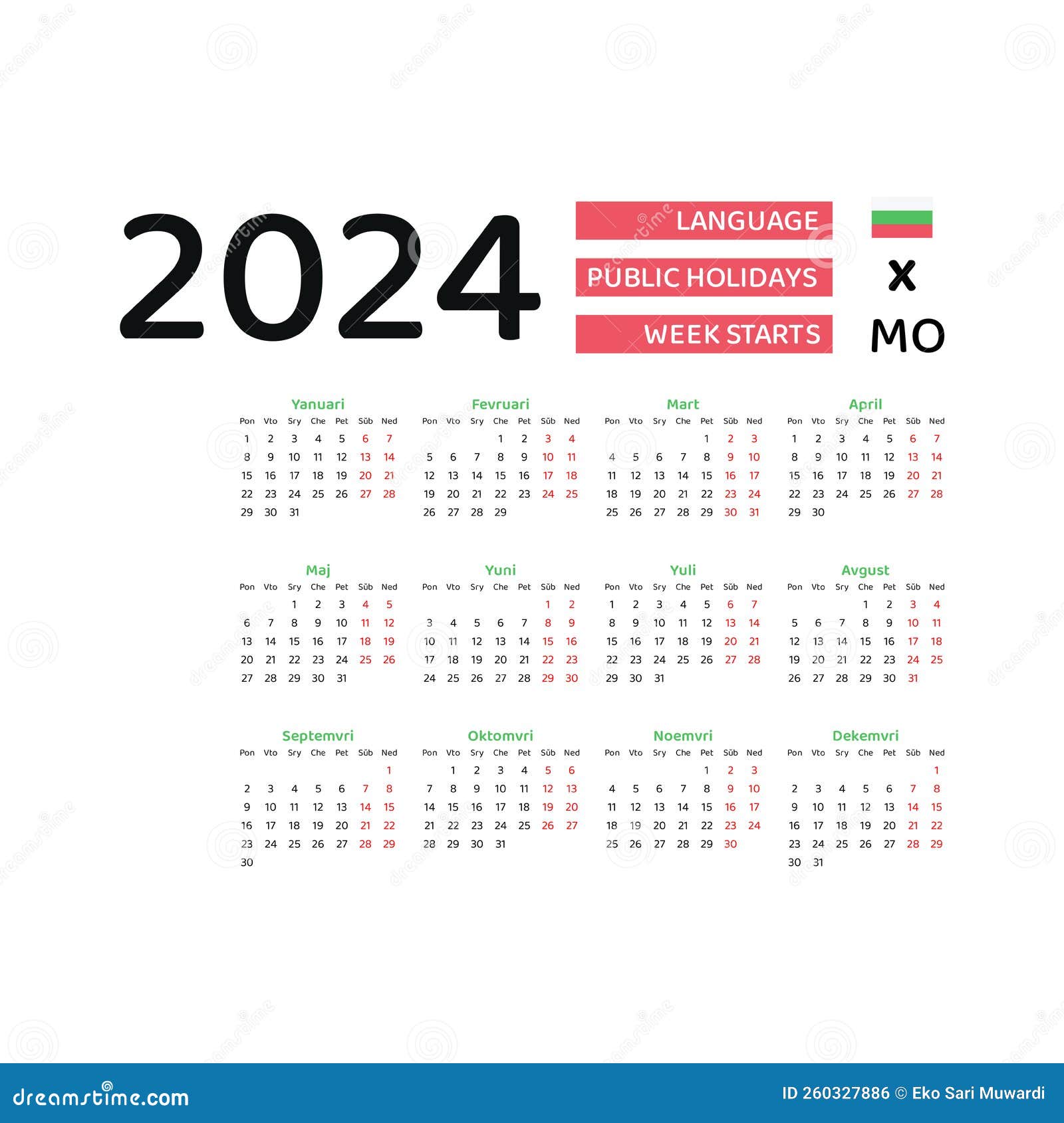 Bulgaria Calendar 2024. Week Starts from Monday. Vector Graphic Design