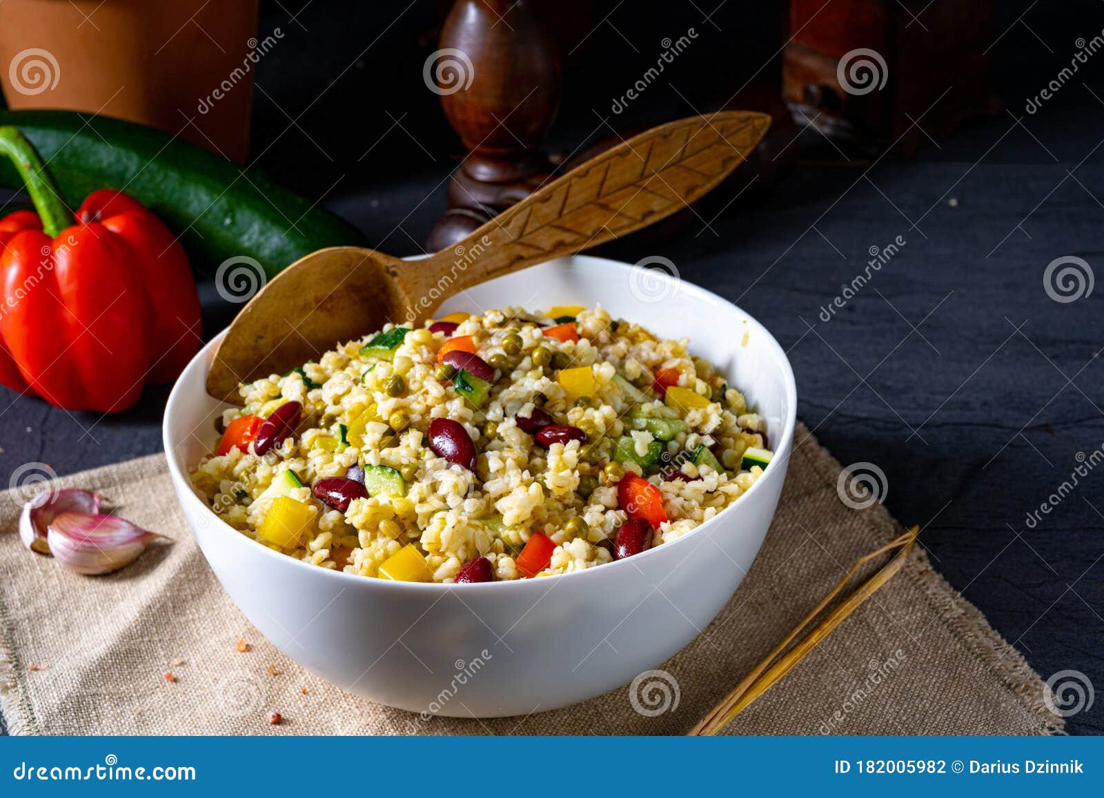 Bulgur Kaszotto with Fresh Vegetables and Kidney Bean Stock Photo