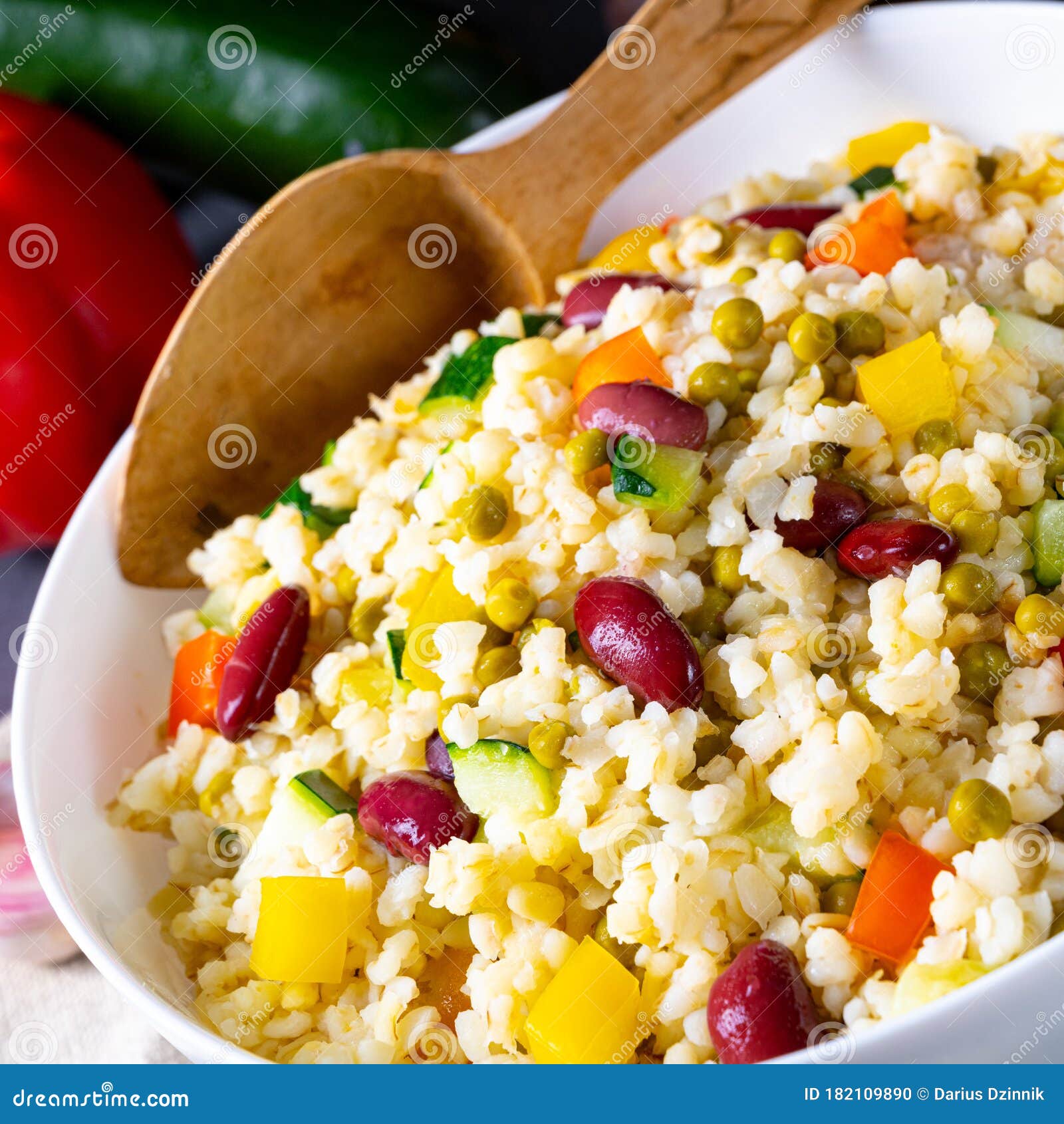 Bulgur Kaszotto with Fresh Vegetables and Kidney Bean Stock Photo
