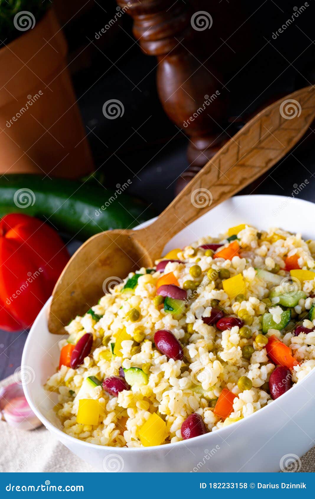 Bulgur Kaszotto with Fresh Vegetables and Kidney Bean Stock Photo