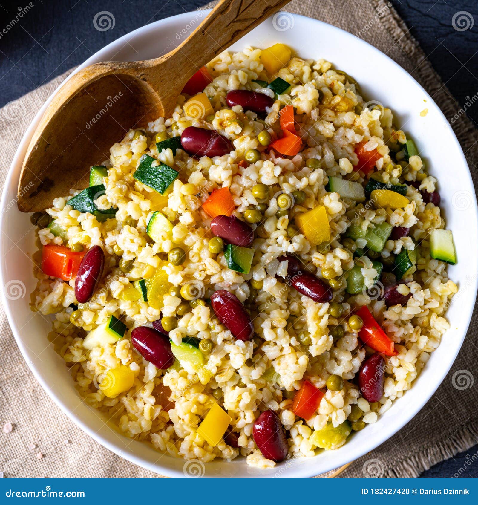 Bulgur Kaszotto with Fresh Vegetables and Kidney Bean Stock Photo