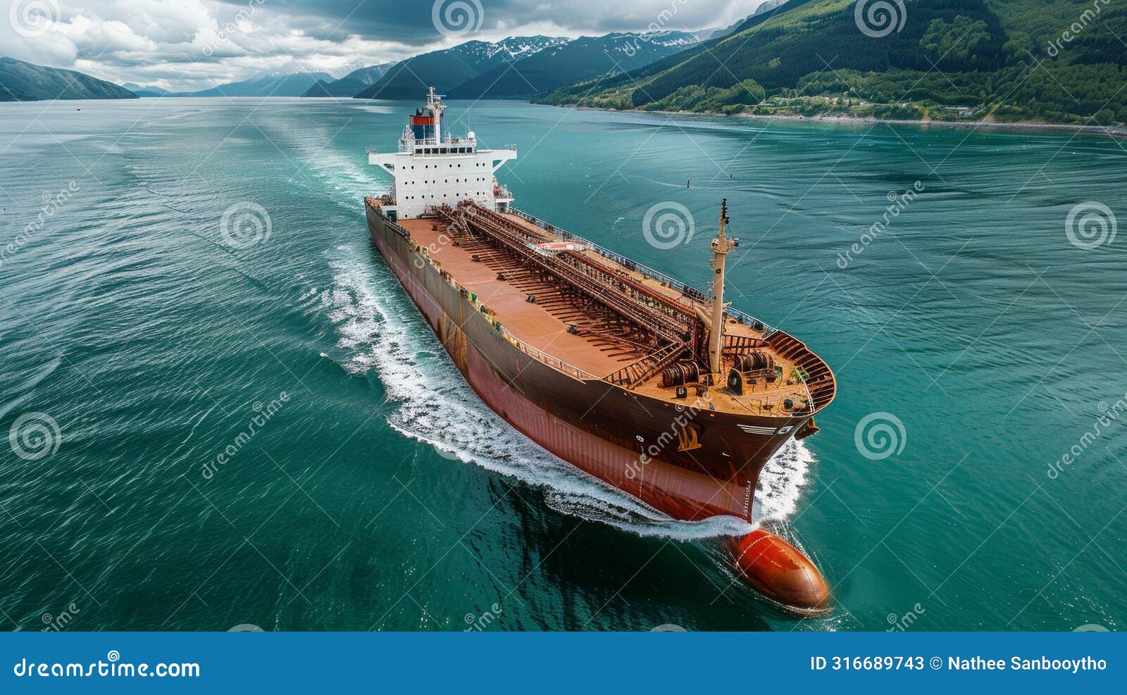 bulk carrier ship sailing in mountainous region