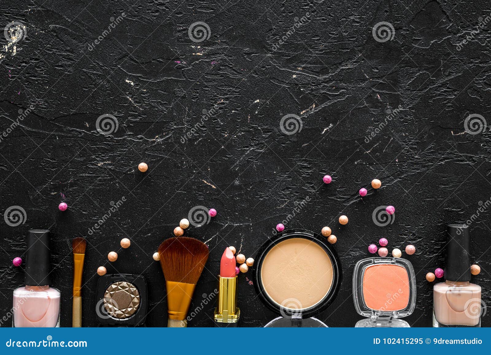 Bulk Cosmetics Beige and Nude Colors on Black Background Top View