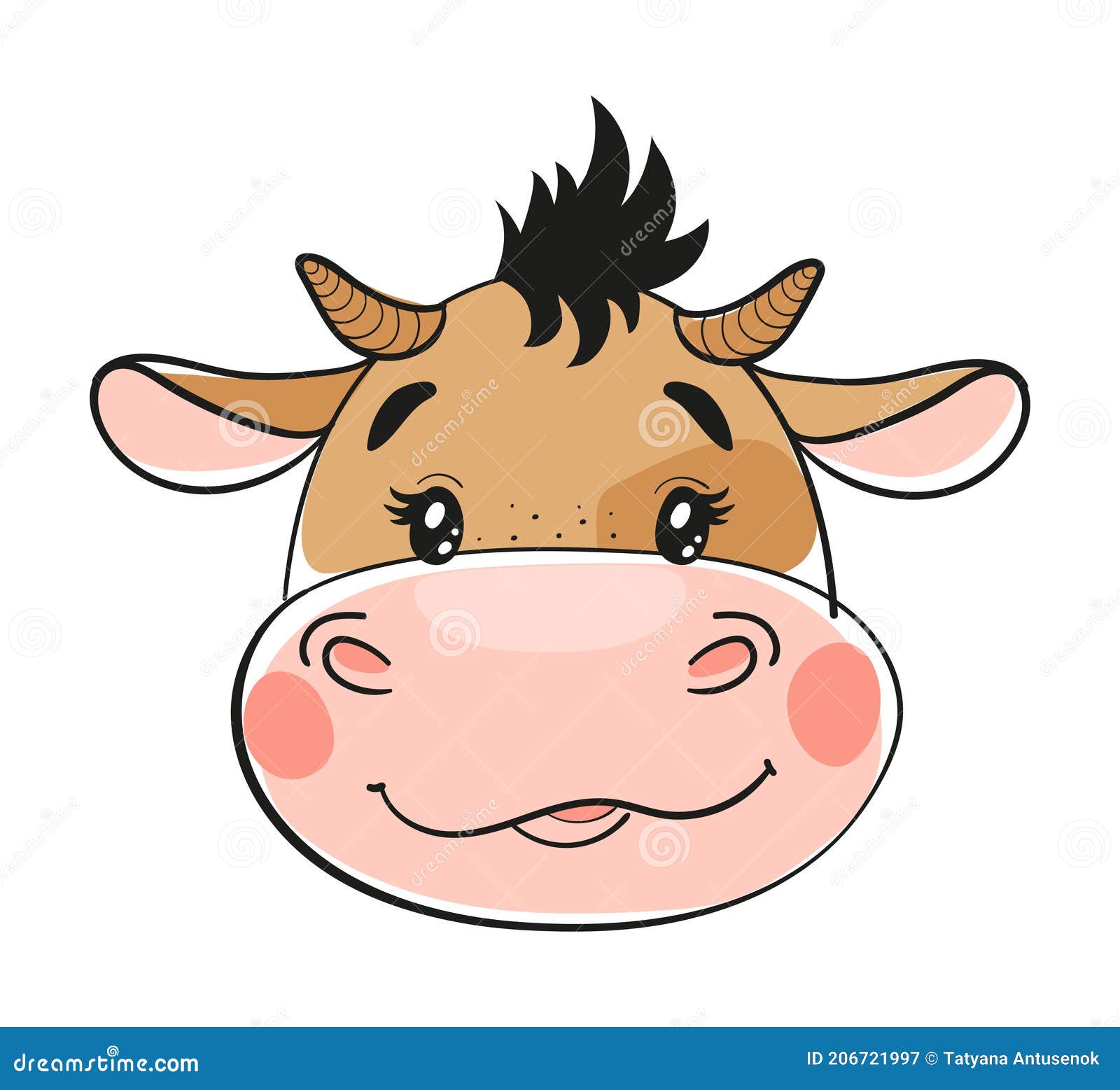 Bull Head with Horns, Flat Cartoon Design. Cute Baby Cow, Farm Animal,  Funny Wild Animal Face Stock Illustration - Illustration of funny, farm:  206721997