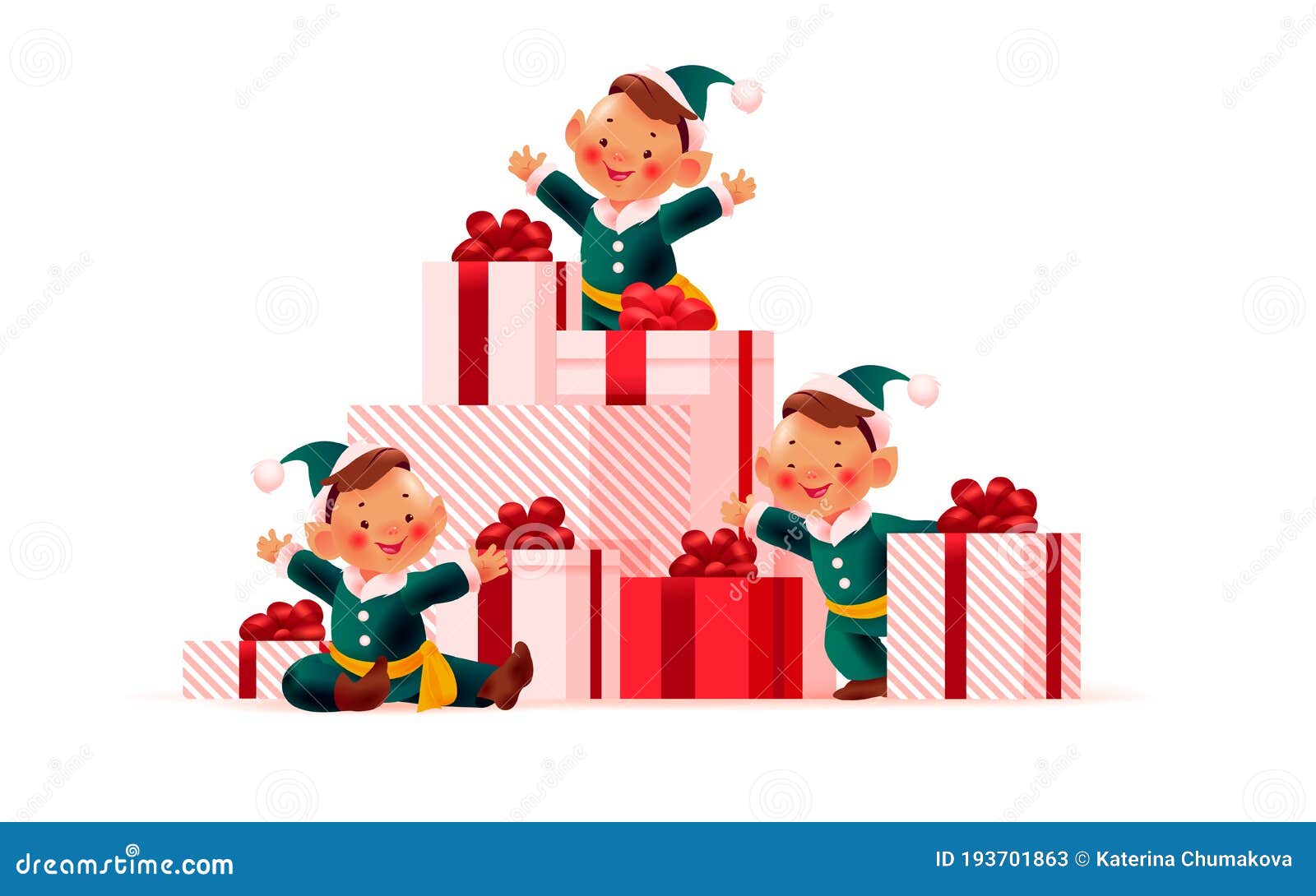 Beautiful Holiday Illustration with Three Santa Elves at Big Pile of ...