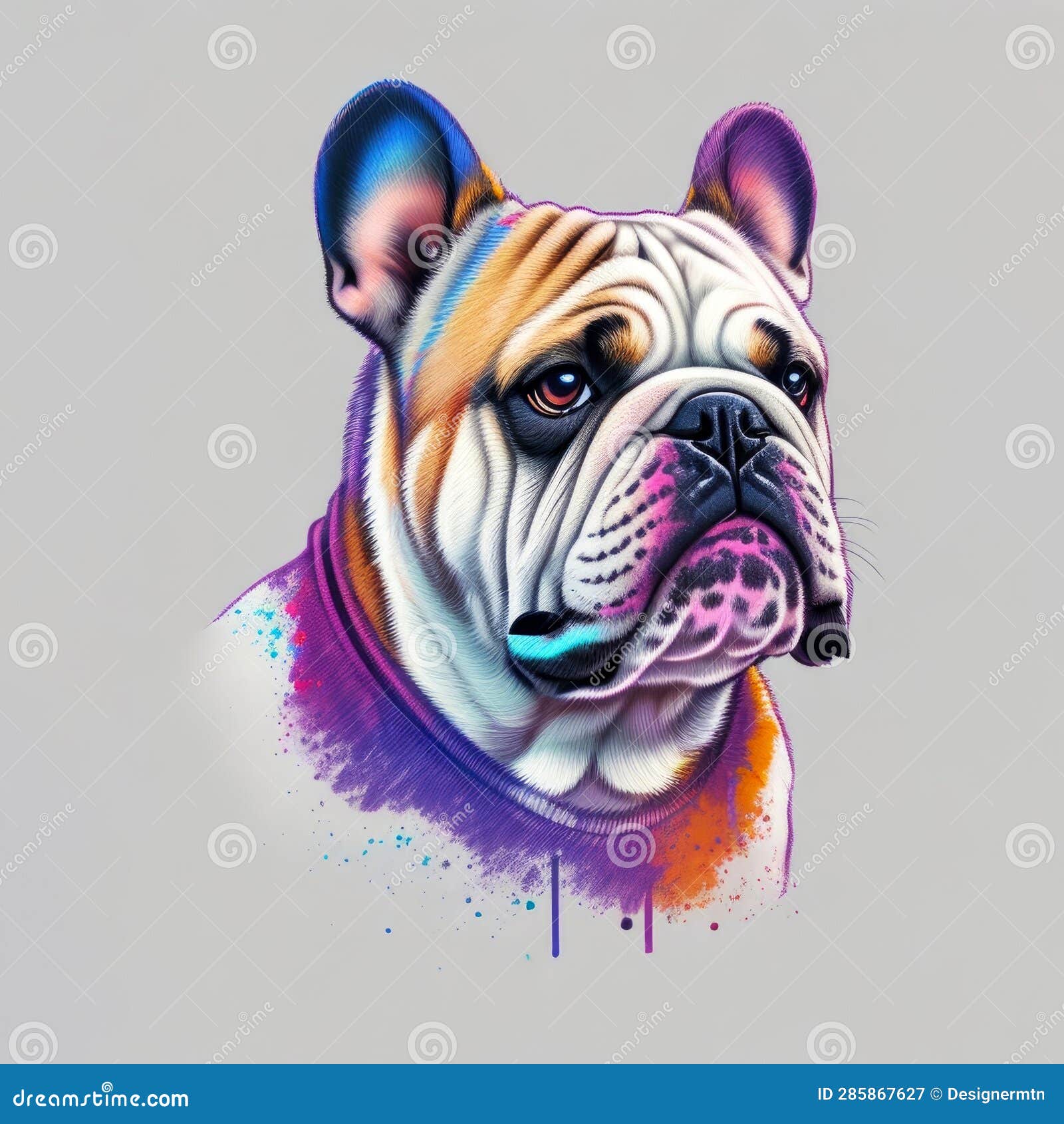 Bulldog Colored Style Drawing Illustration. Tshirt Design Stock