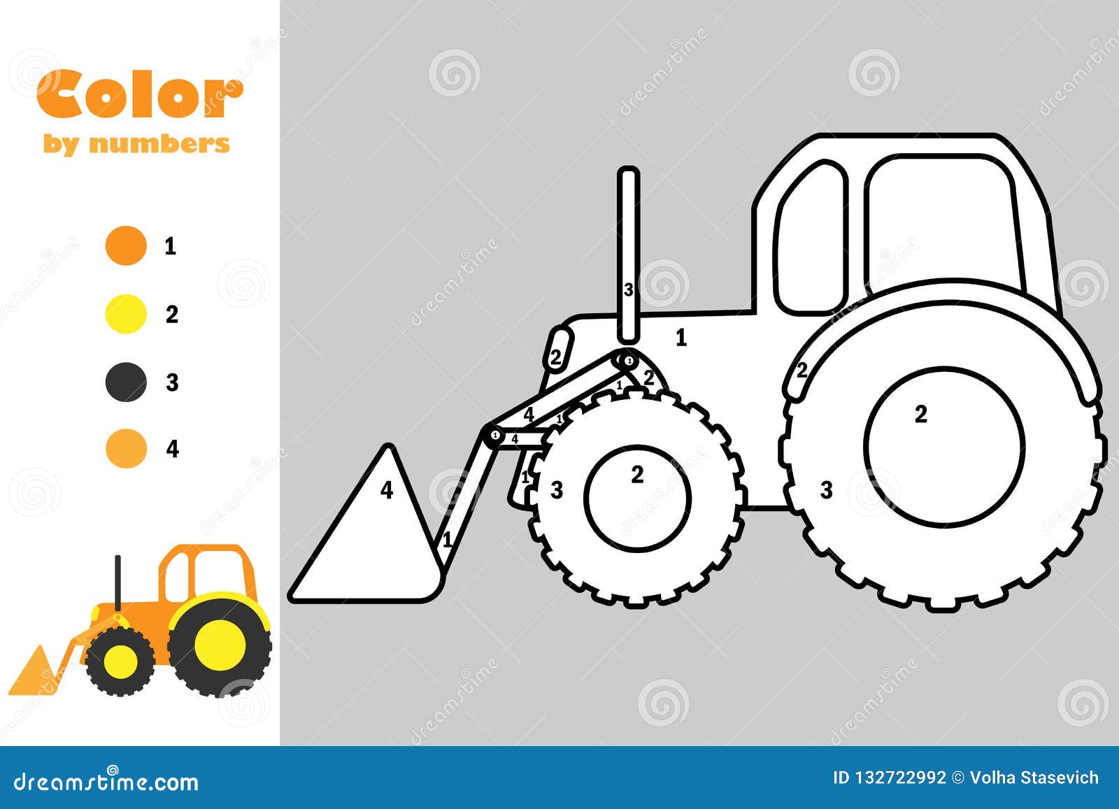 Bulldozer In Cartoon Style, Color By Number, Education Paper Game