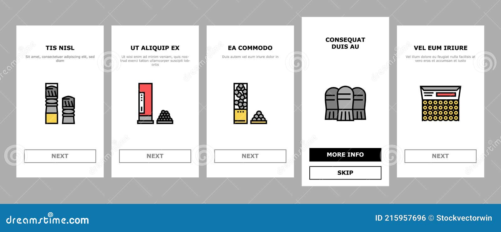 bullet ammunition onboarding icons set 
