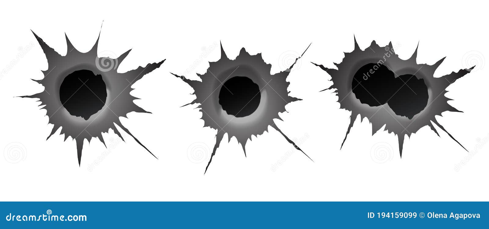 Bullet Hole on White Background. Realisic Metal Single and Double