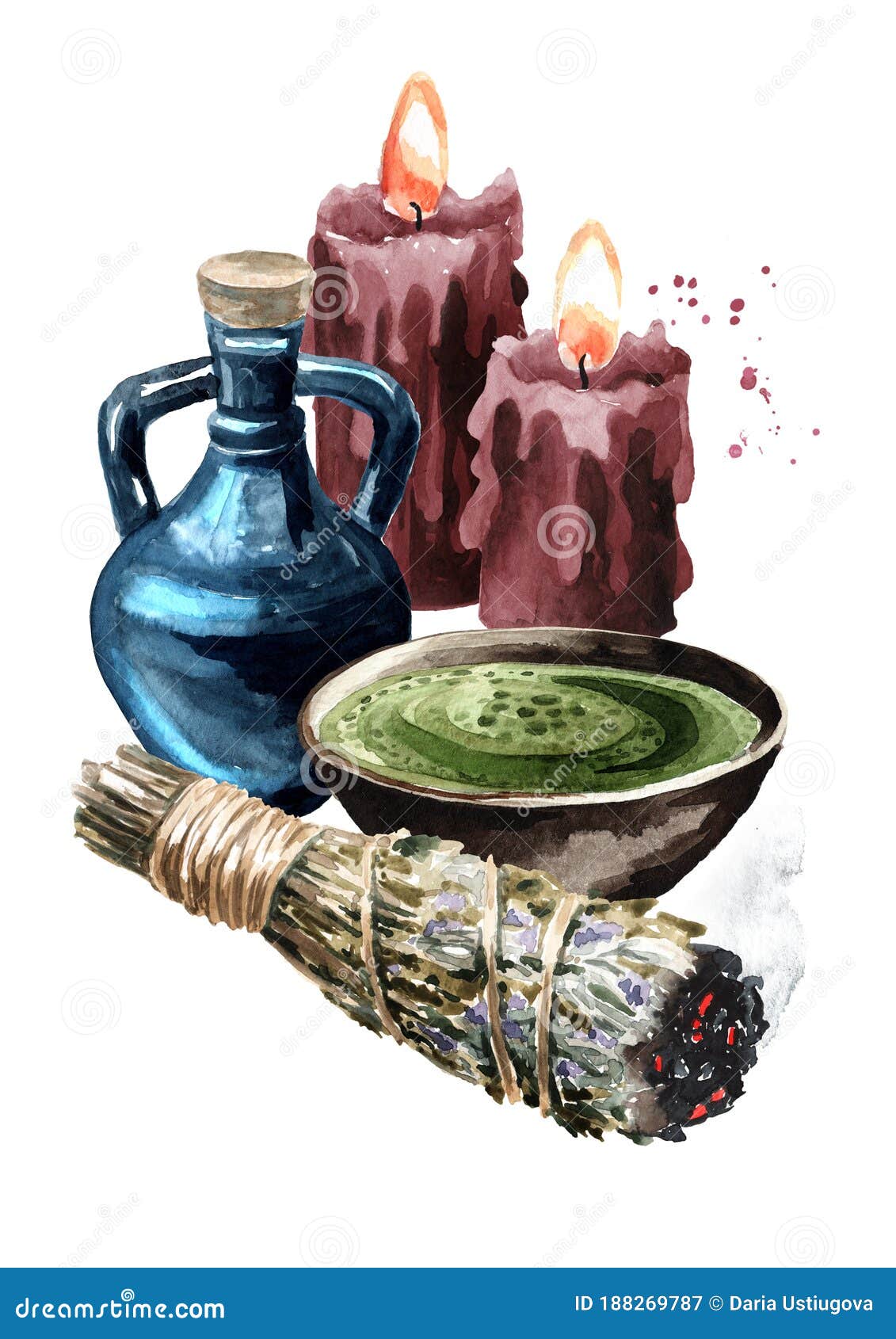 Bunch of Aromatic Herbs for Fumigation, Candles, Bowl of Potions and