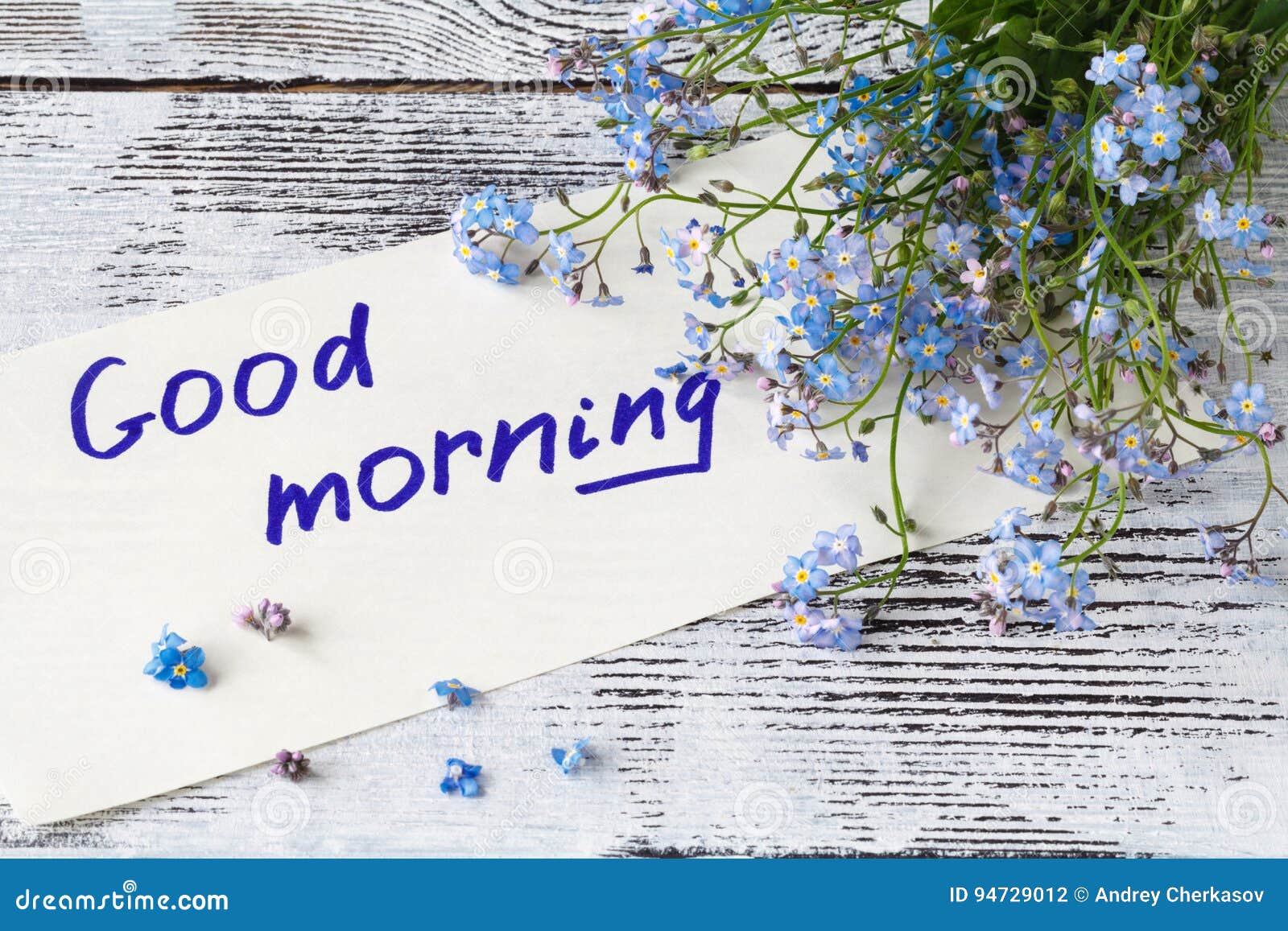 Bunch of Blue Flowers Forget-me-nots and Good Morning Note Stock Photo ...