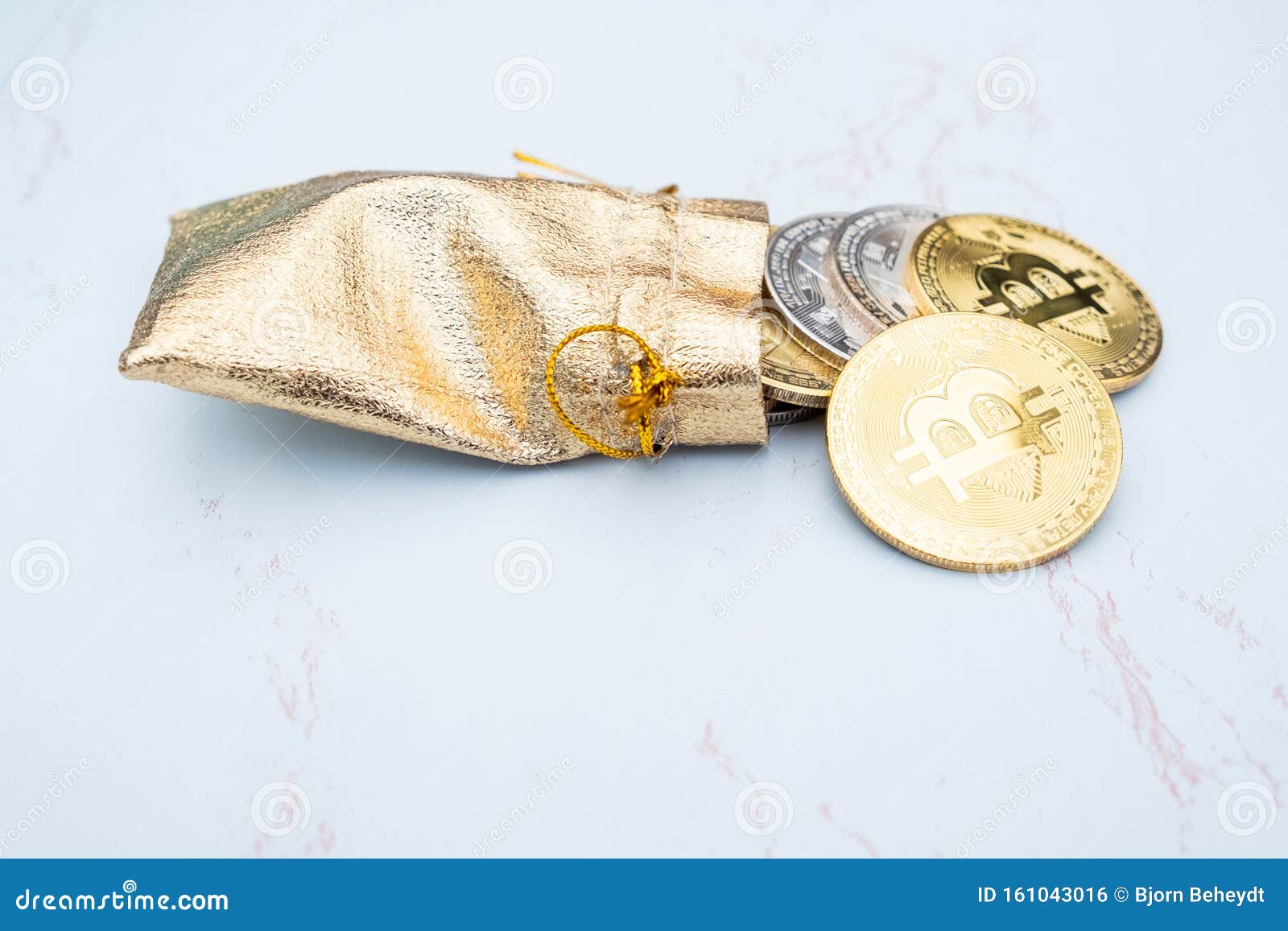 Bunch Of Crypto Currency Coins In A Golden Moneybag With ...