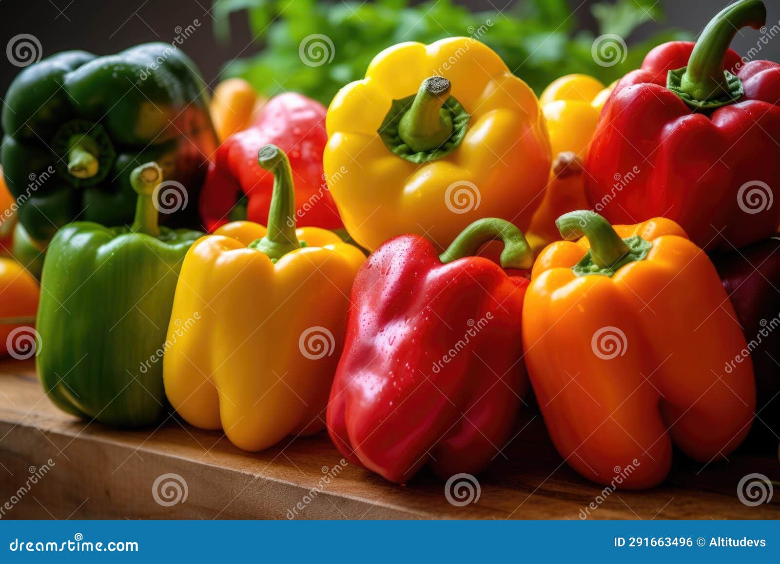 A Bunch of Different Colored Bell Peppers on a Kitchen Countertop Stock