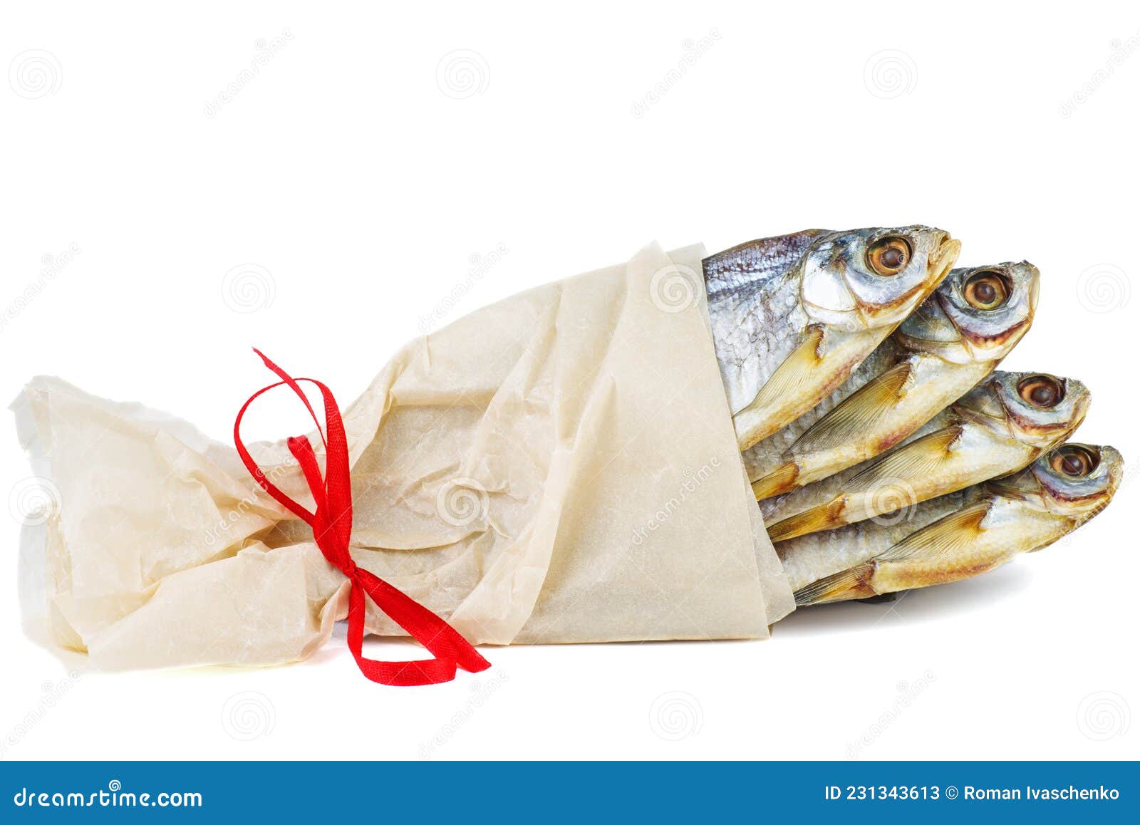 bunch of dried white-eye bream ballerus sapa fish  on a white