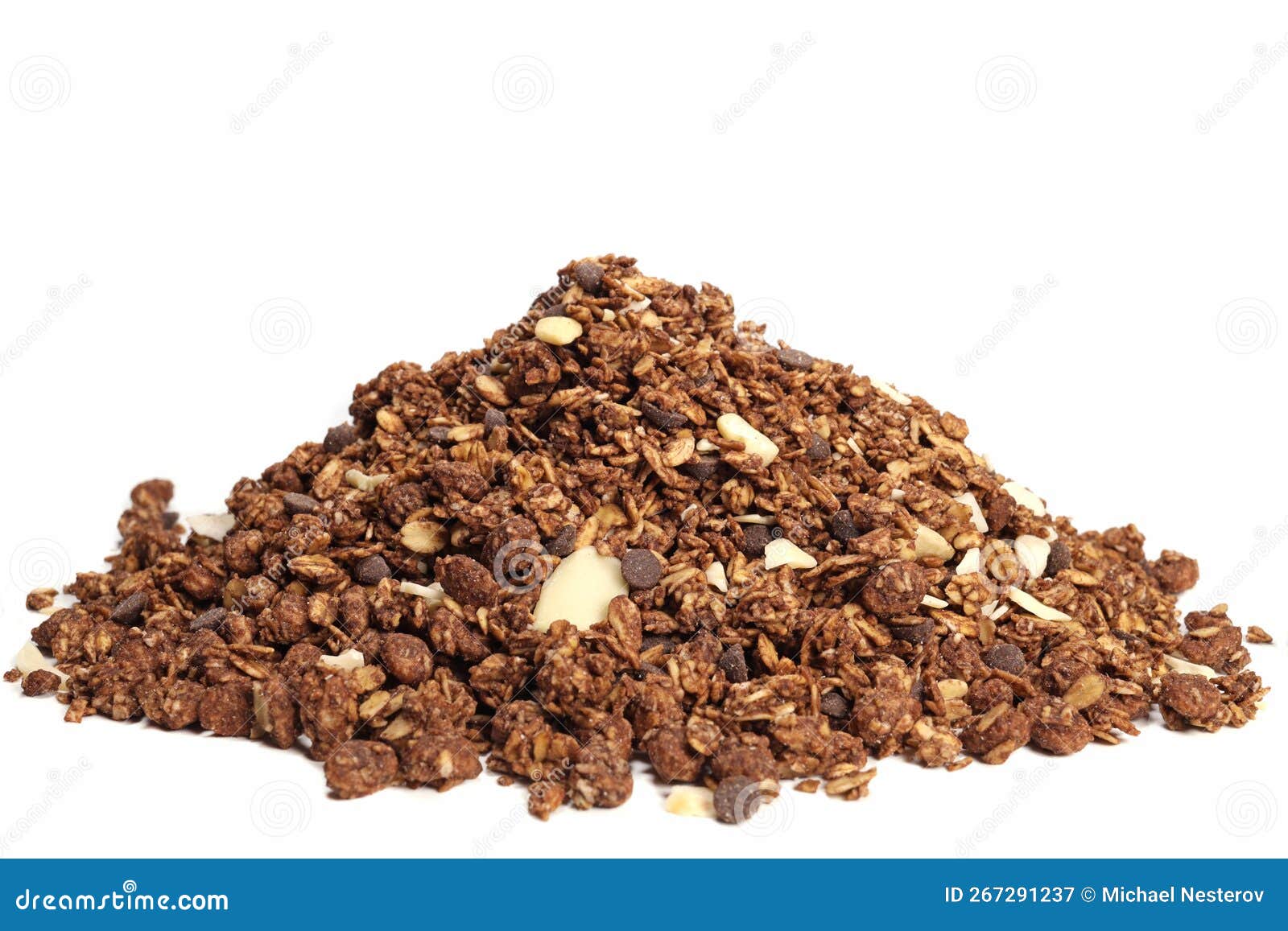 Bunch of Granola with Oat, Fruit, Nuts and Chocolate Isolated on White