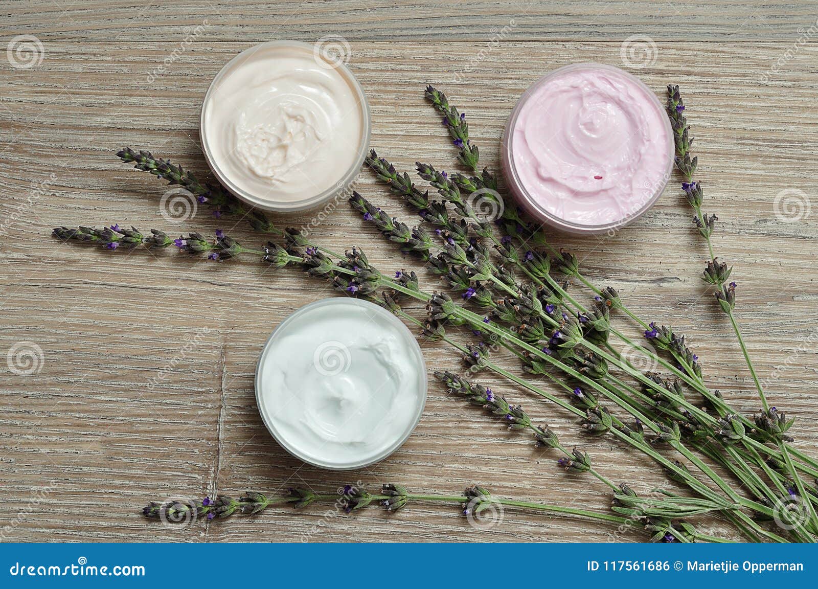 a bunch of lavender displayed with containers of body lotion