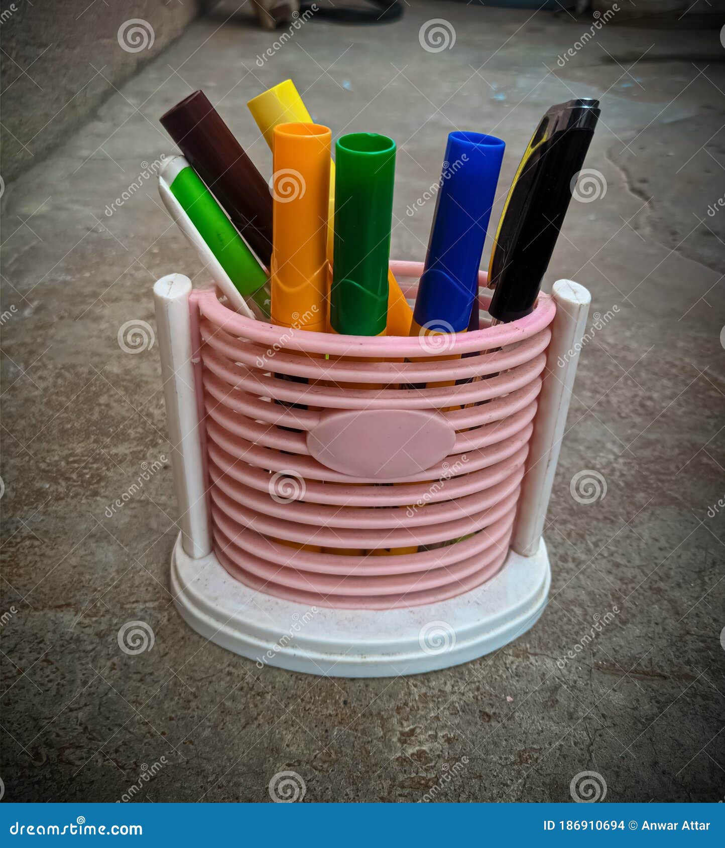 A Bunch of Markers on a Container Stock Photo Image of container