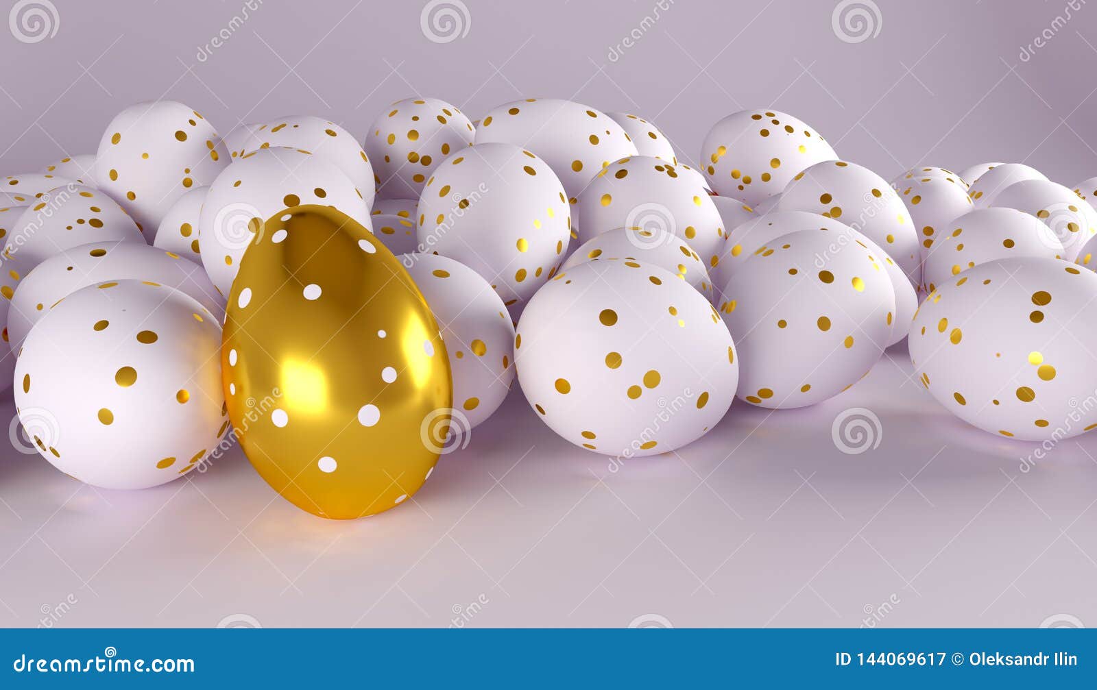 Bunch of Easter Eggs with Dot Paintings, White and Gold Colors Stock