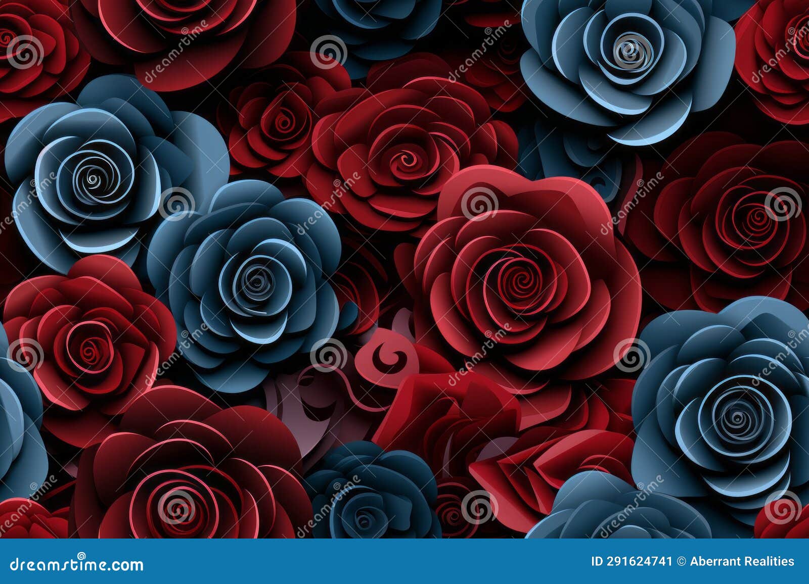 A Bunch of Red and Blue Roses on a Black Background Stock Illustration