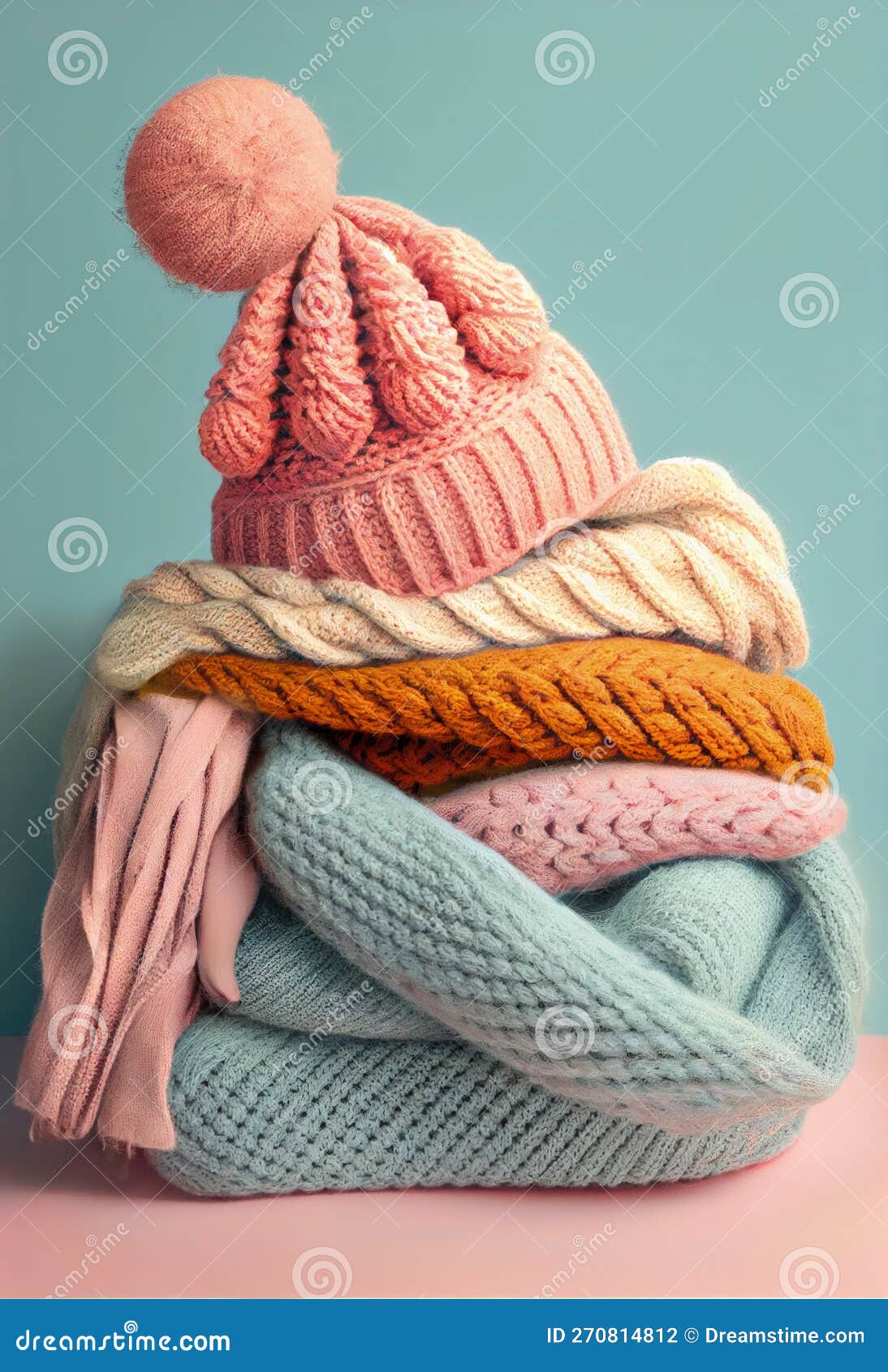 bunch of stacked knitted pastel color sweaters scarf and hat with different knitting patterns folded on light background.