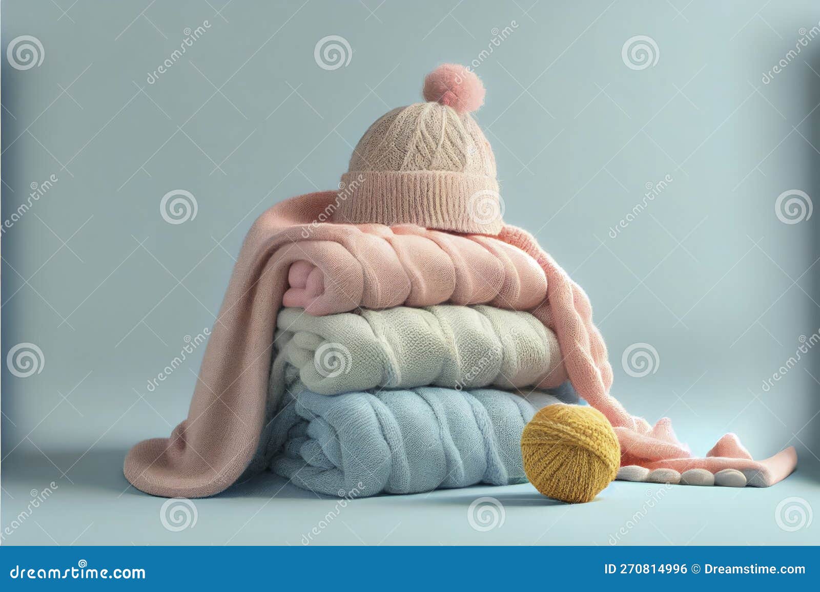 bunch of stacked knitted pastel color sweaters scarf and hat with different knitting patterns folded on light background.