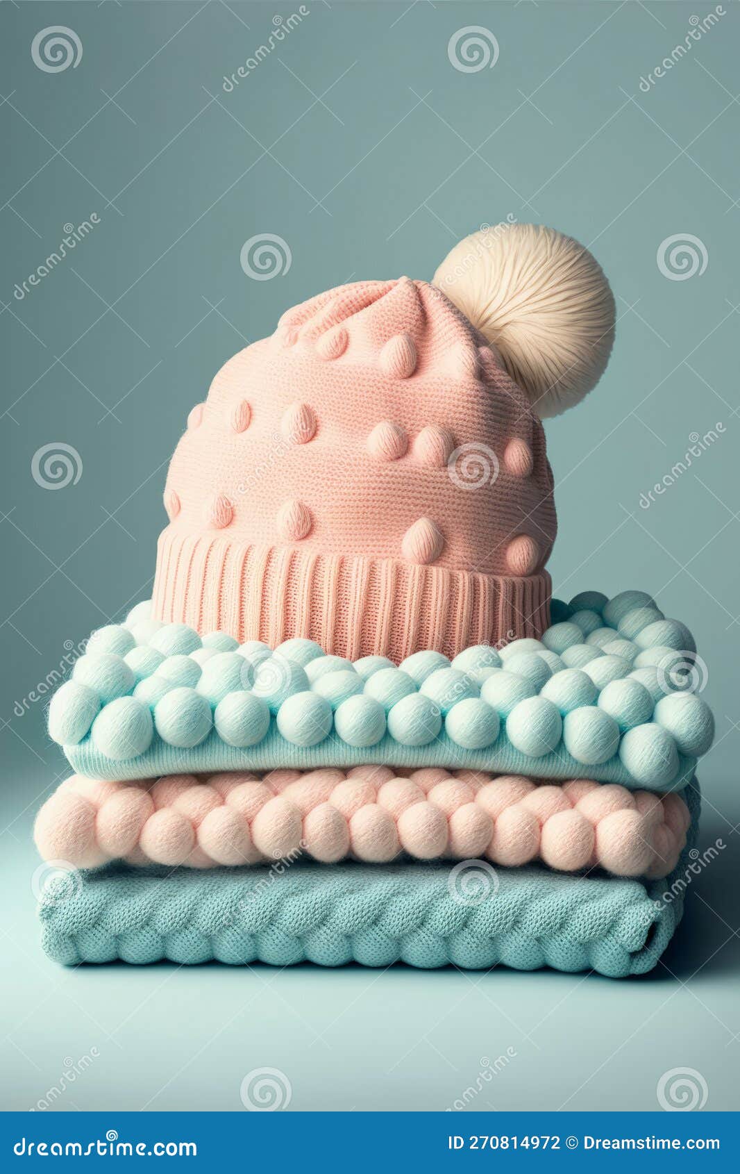 bunch of stacked knitted pastel color sweaters scarf and hat with different knitting patterns folded on light background.