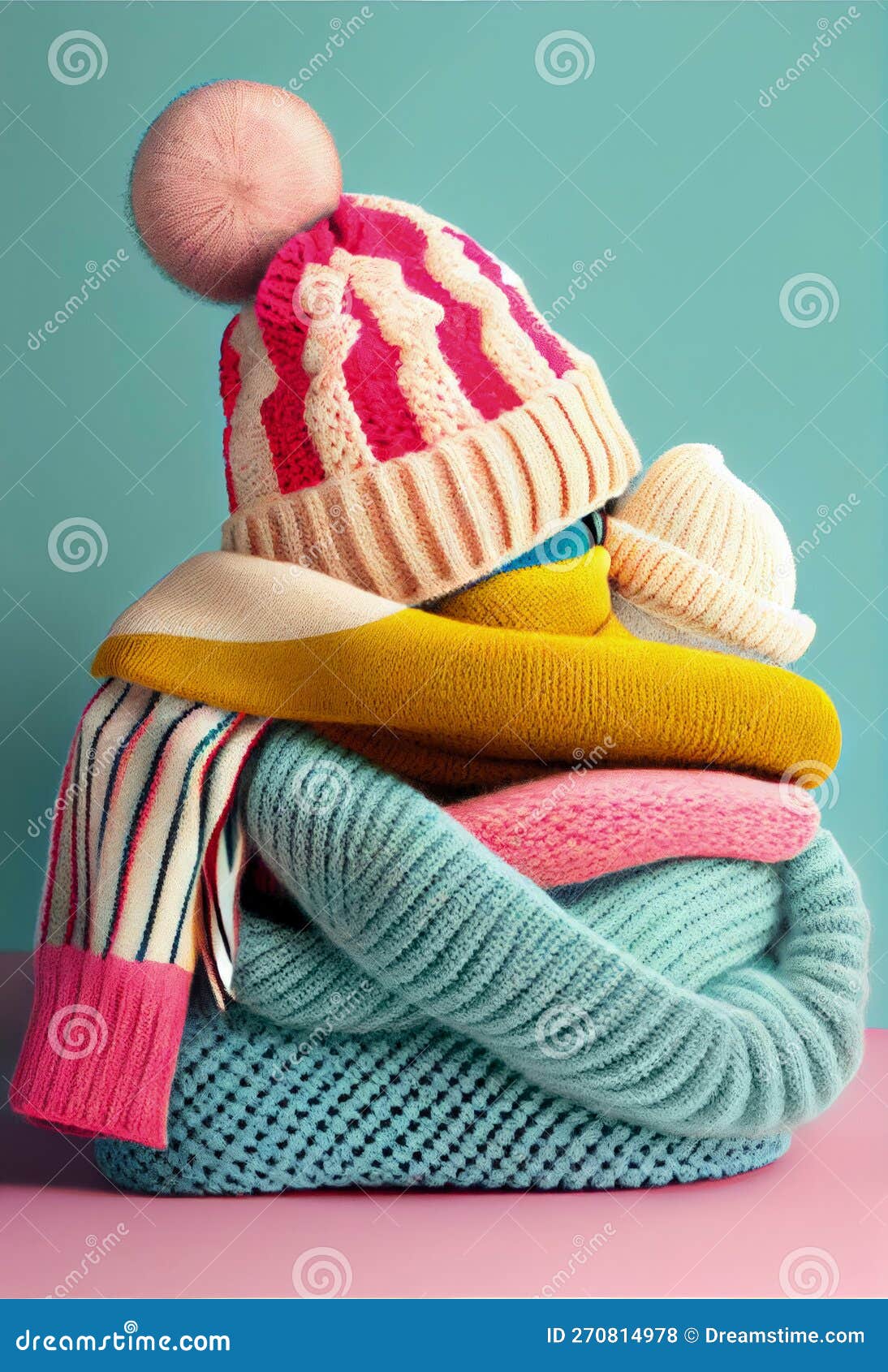 bunch of stacked knitted pastel color sweaters scarf and hat with different knitting patterns folded on light background.