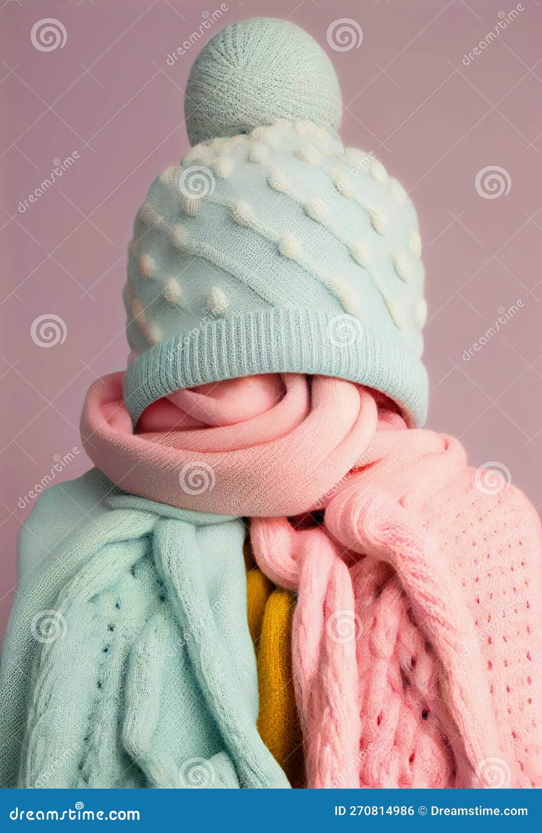bunch of stacked knitted pastel color sweaters scarf and hat with different knitting patterns folded on light background.
