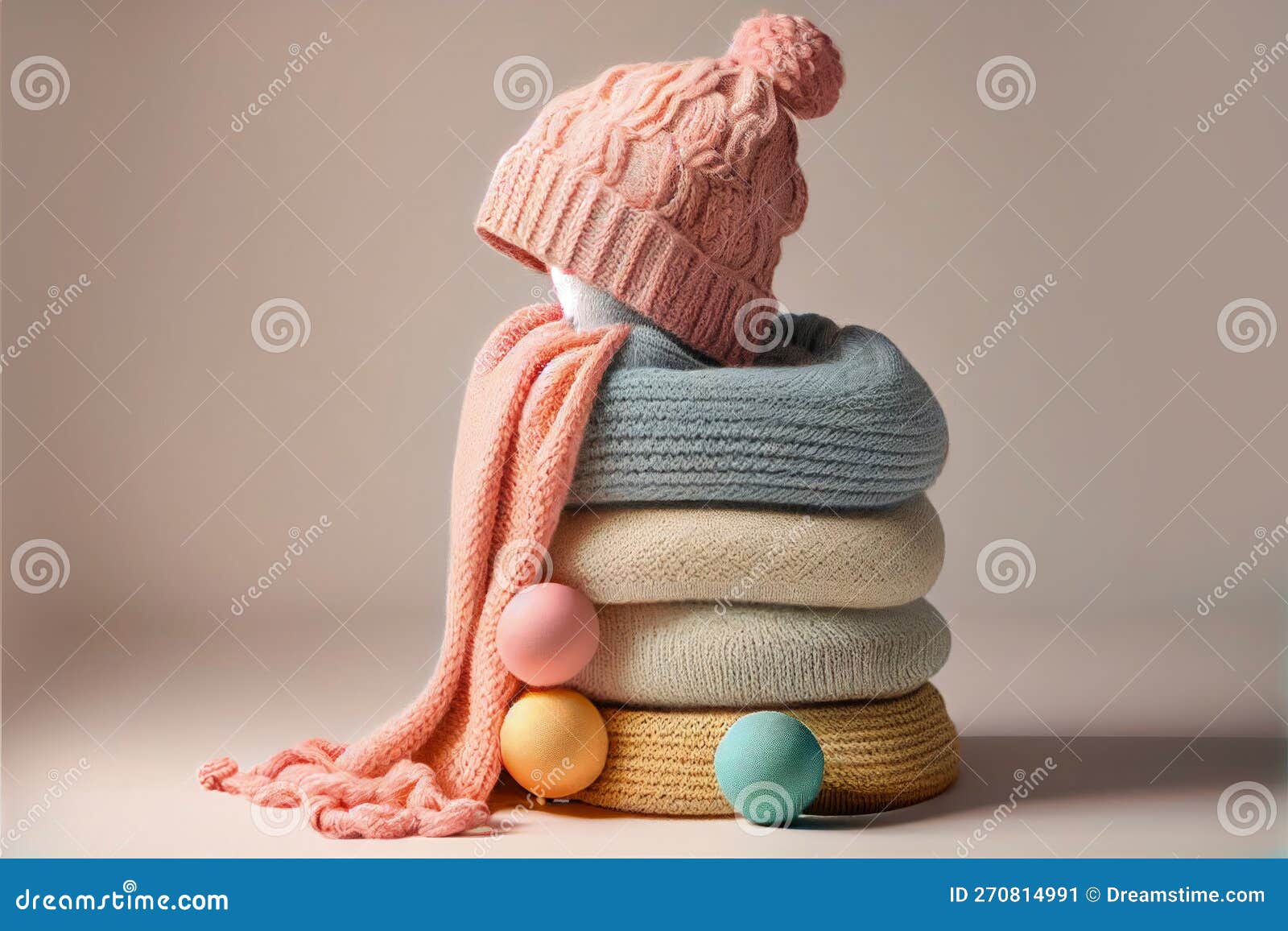 bunch of stacked knitted pastel color sweaters scarf and hat with different knitting patterns folded on light background.