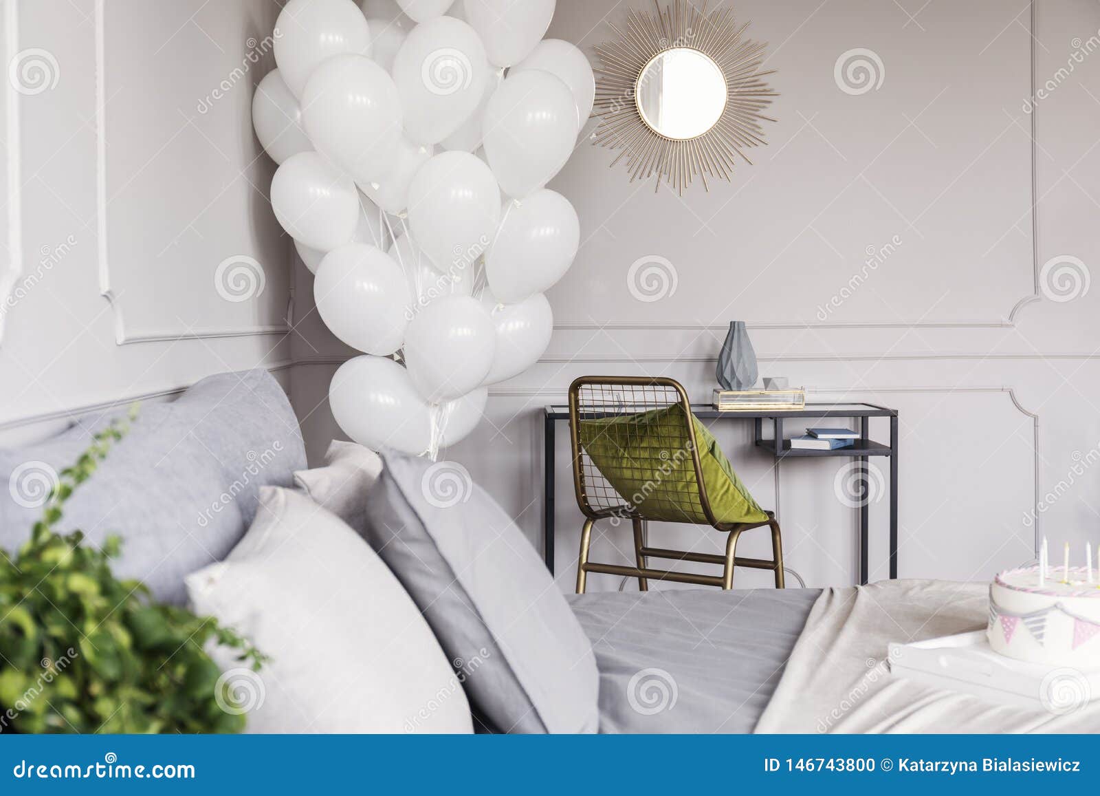 Bunch Of Balloons In Trendy Bedroom Interior With Industrial
