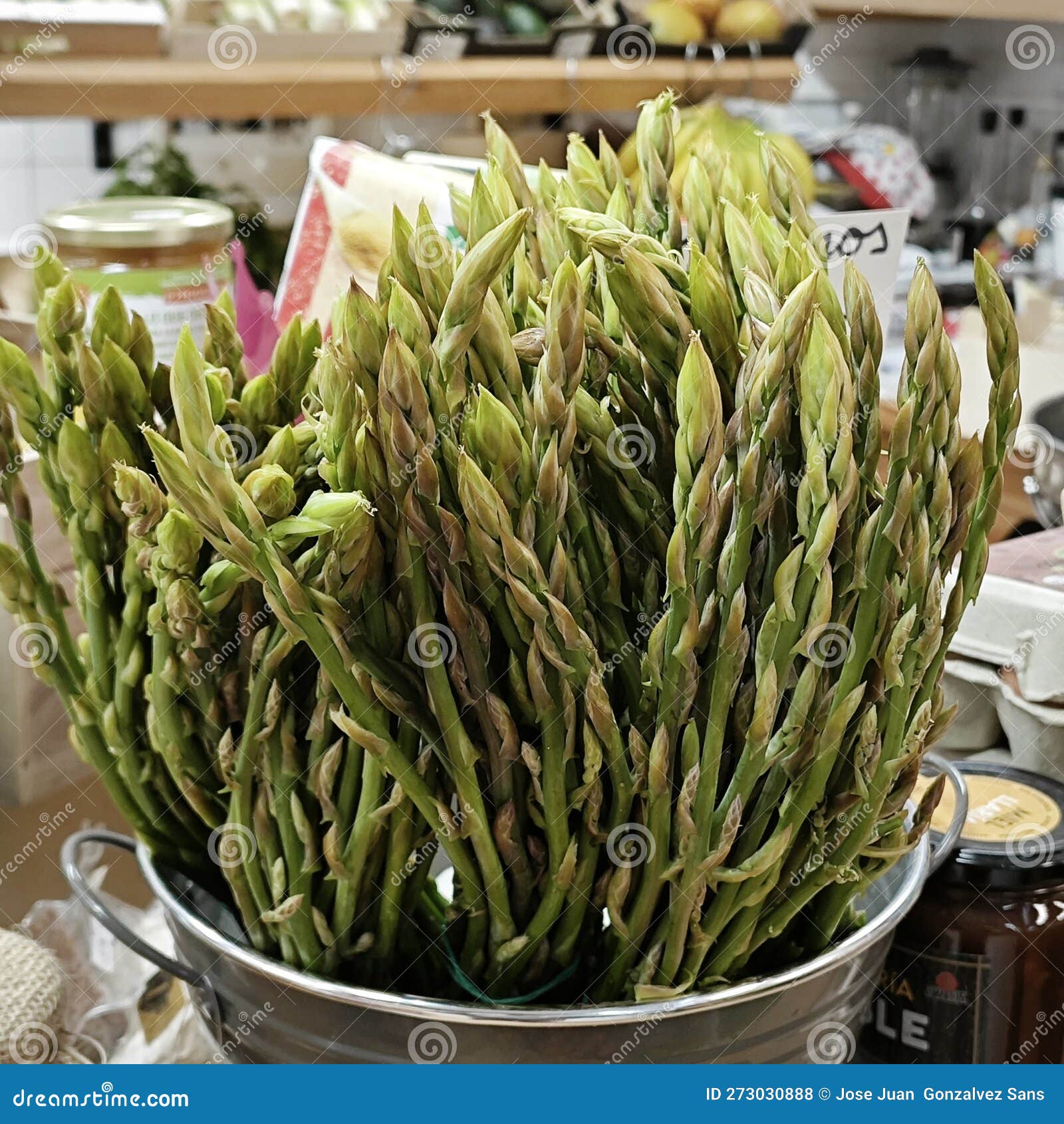 bunch of wild asparagus in a market store