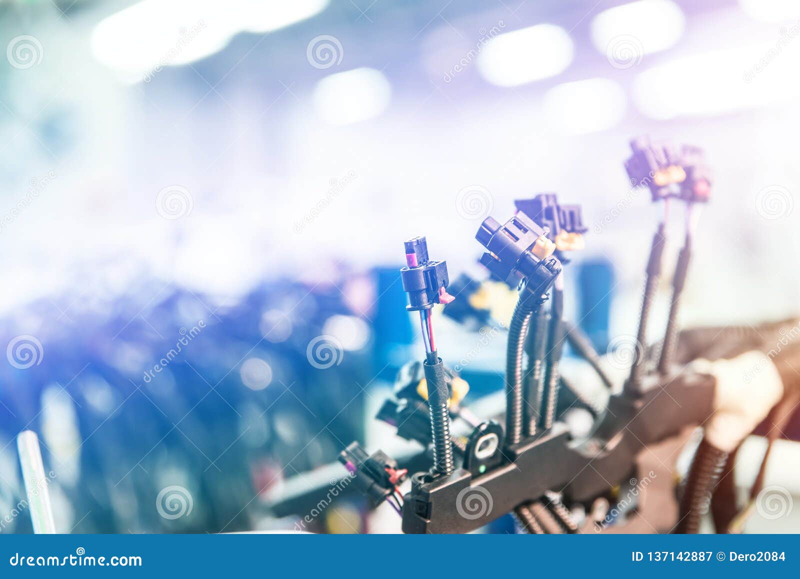 bunch of wiring harnesses. automobile industry background with copy space, light effect