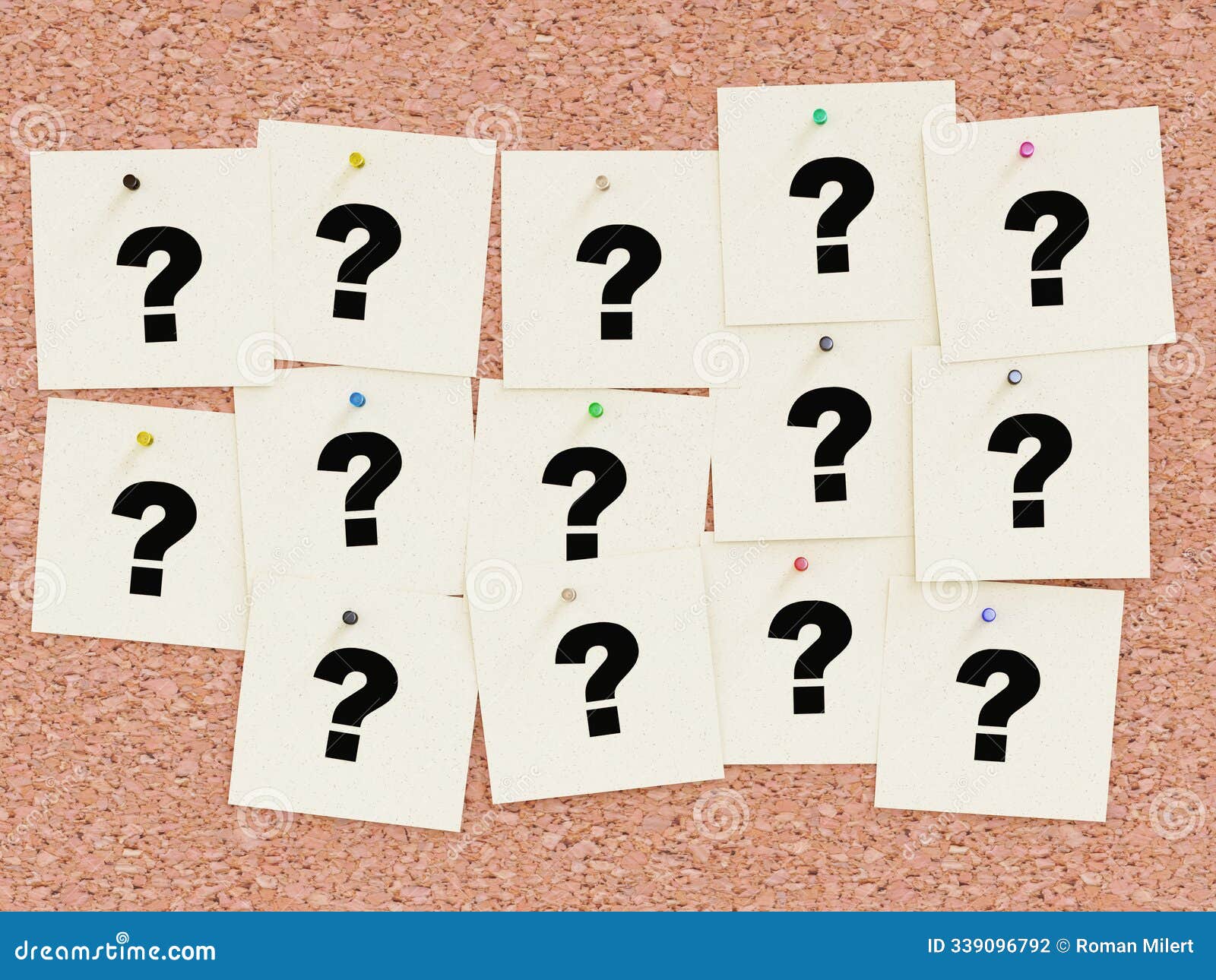 bunch of yellow sticky notes with black question mark in the center, pinned to a corkboard