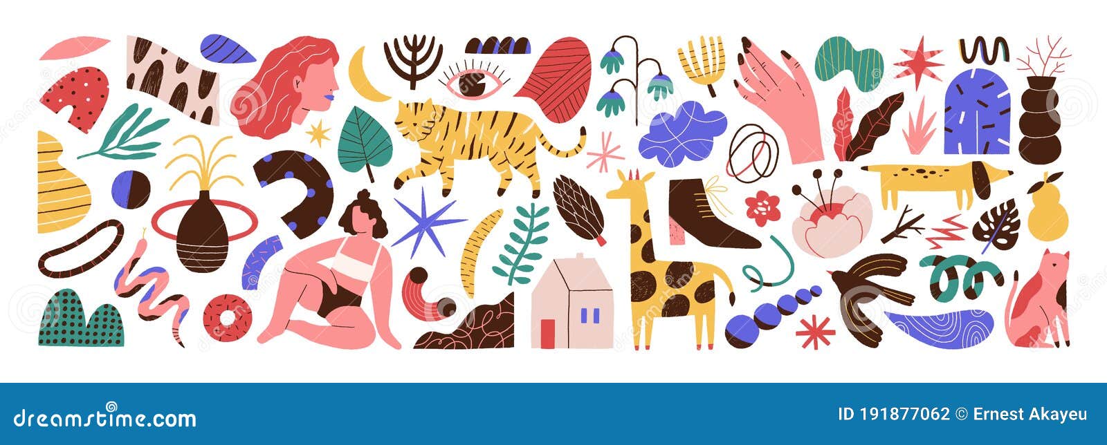 bundle of abstract trendy doodle art. set of hand drawn cat, dog, eye, woman, plant, curve, , object, blob