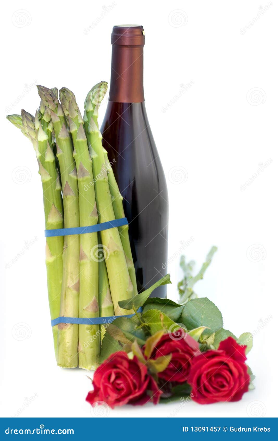 Bundle of Asparagus with Roses and Wine Bottle Stock Image Image of