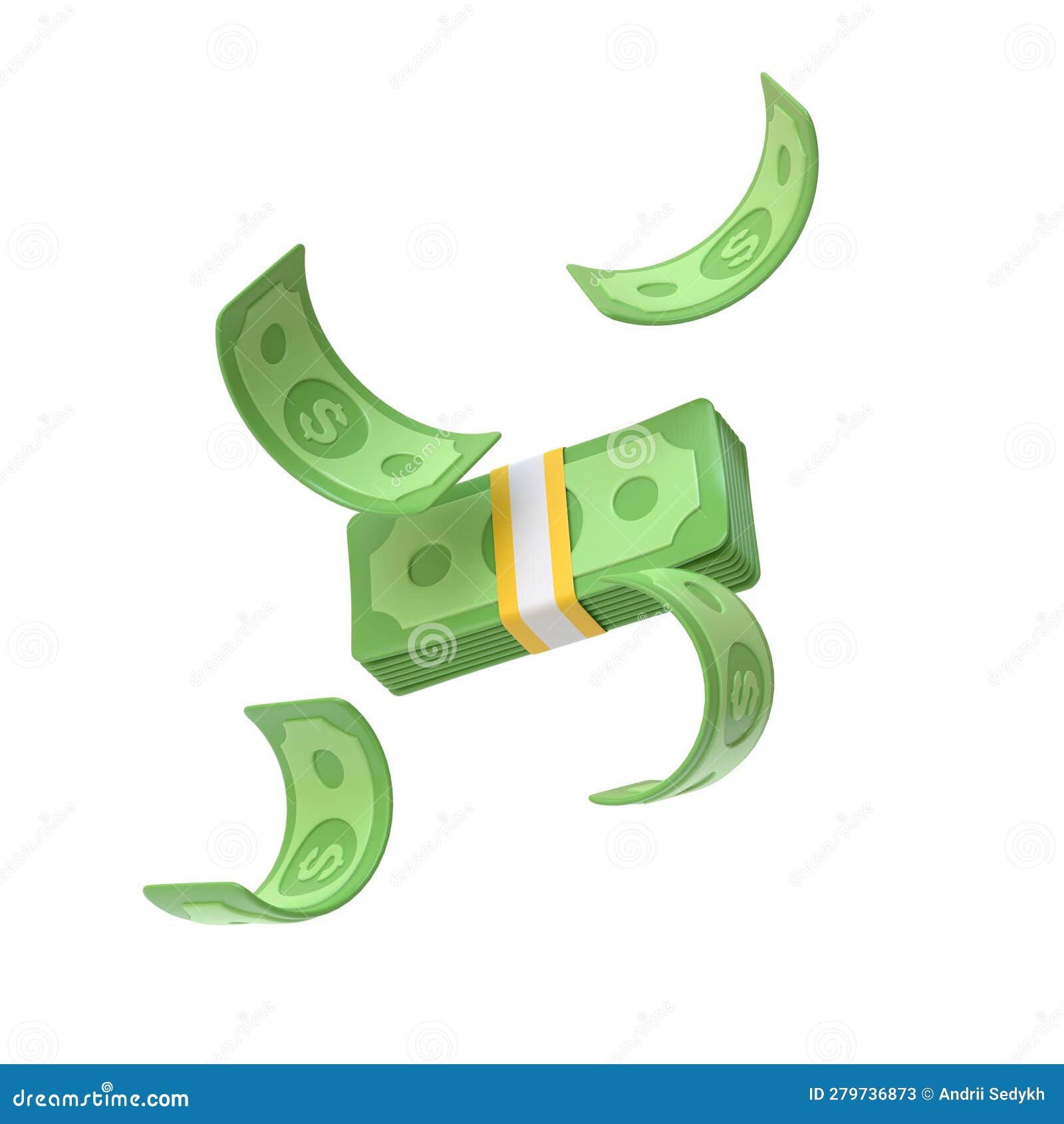 Bundle Of Dollar Banknotes And Cash Floating On White Background Stock Illustration