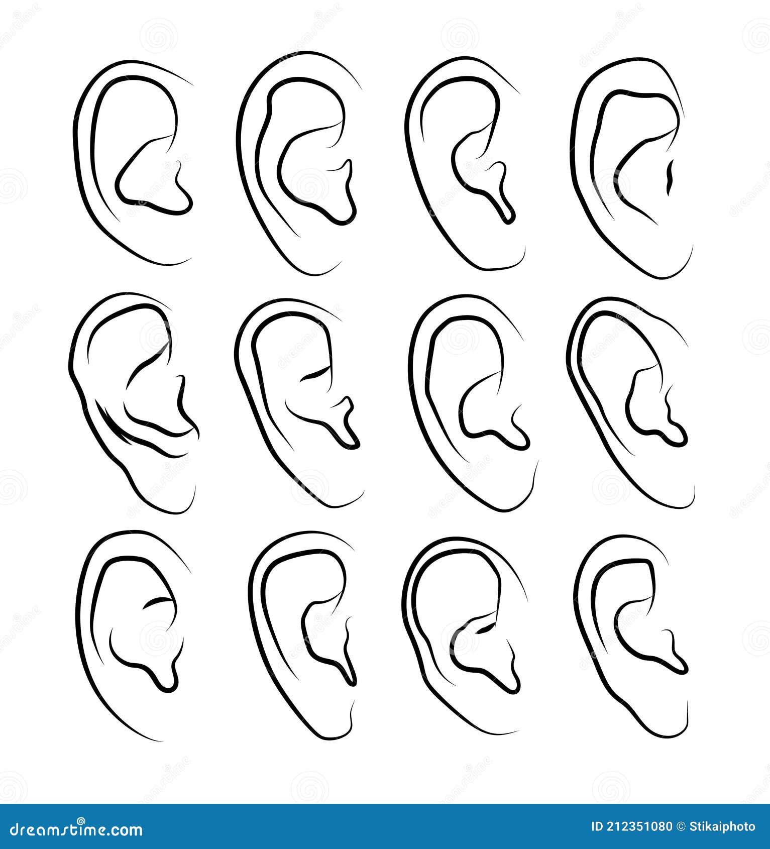 Vector Illustrations Set of Hand Drawn Human Ears in Various Shapes on a White Background. Stock