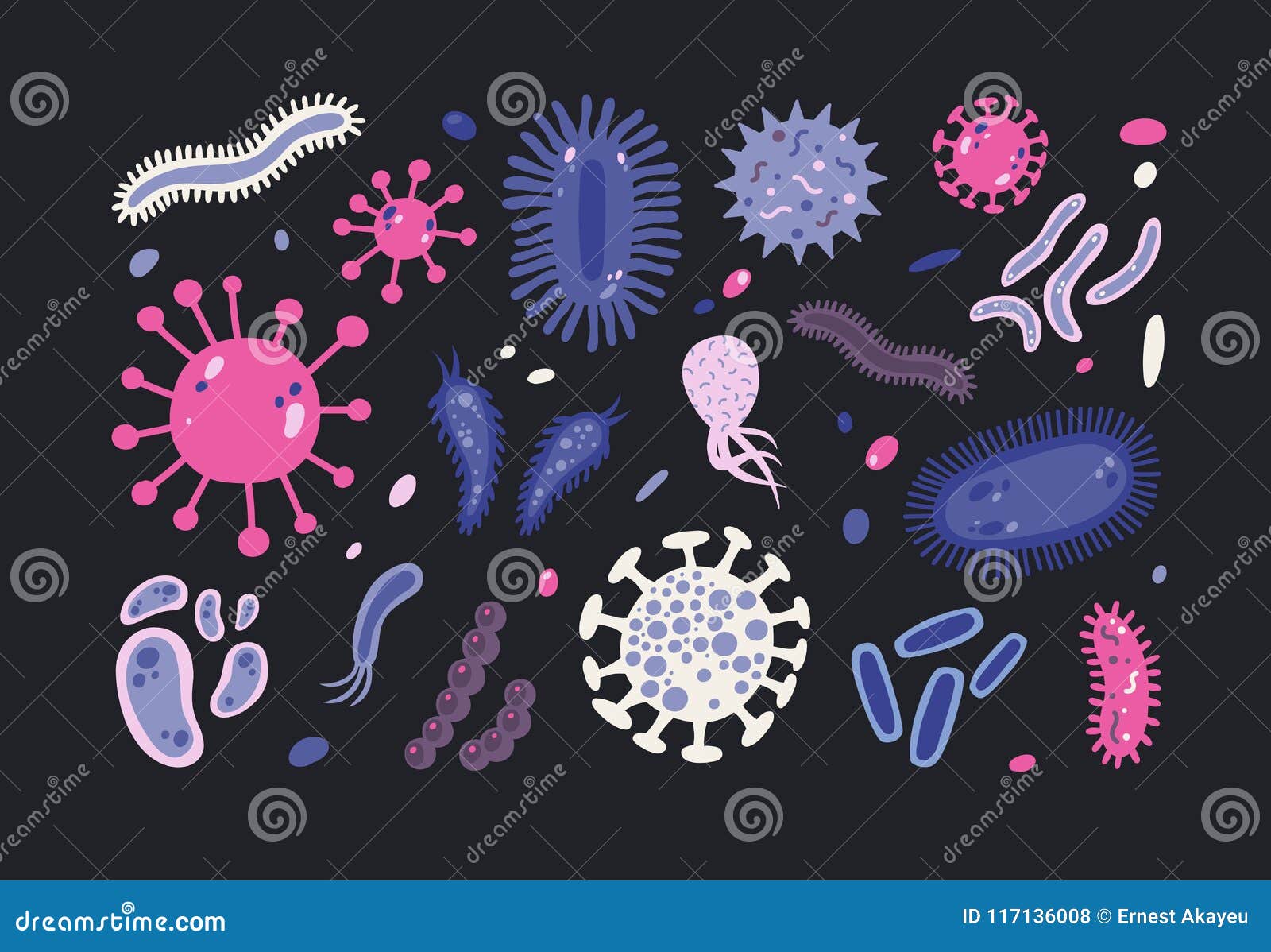 bundle of infectious microorganisms  on black background. set of harmful microscopic germs, pathogens, microbes