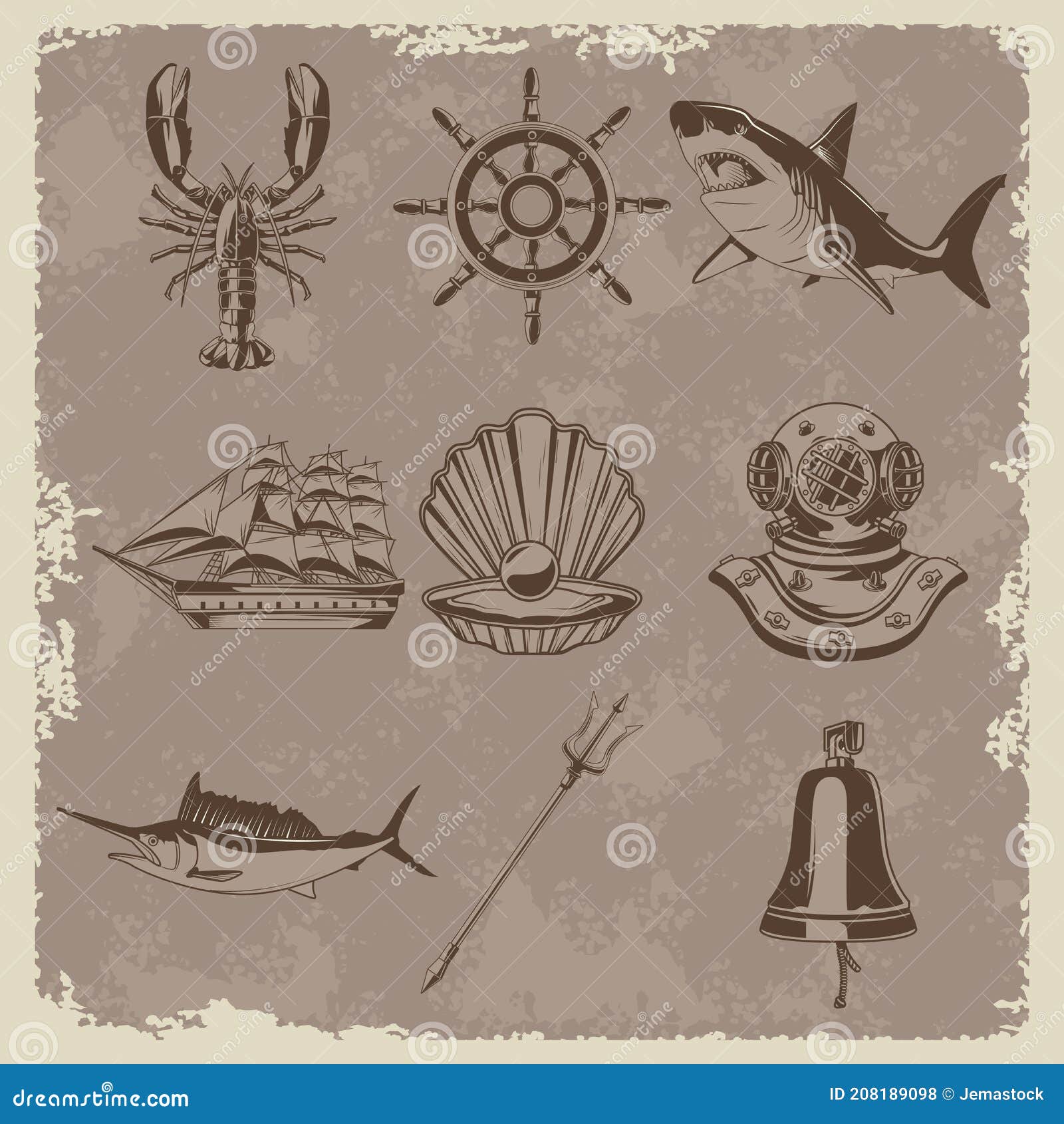 bundle of nine nautical s set icons in vintage paper background