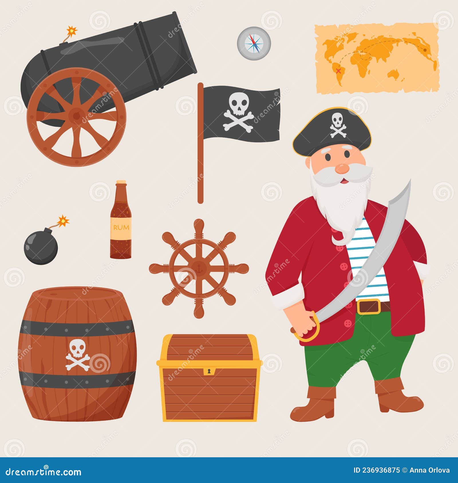 Bundle Pirate Set Isolated on White Background. Bundle Pirate, Treasure ...