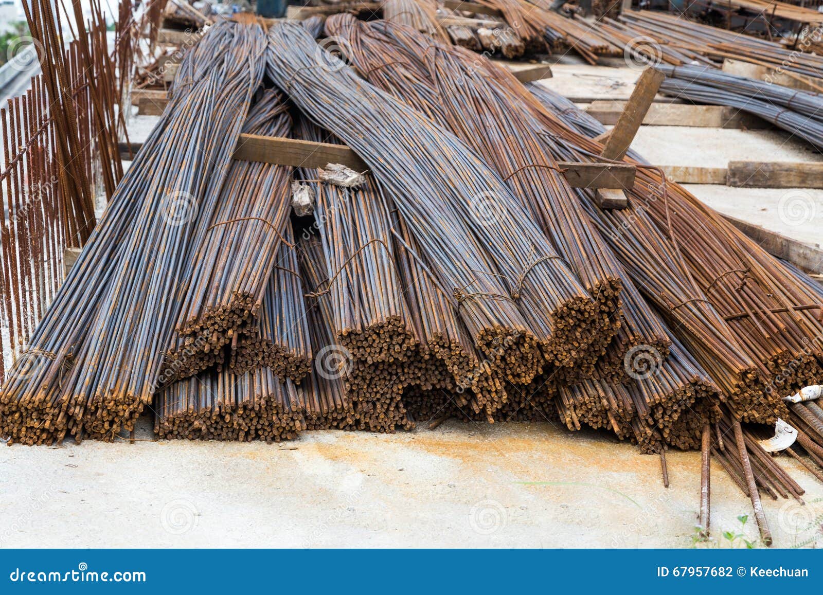 Bundle of Reinforced Metal Steel Rods at Construction Site Stock Photo