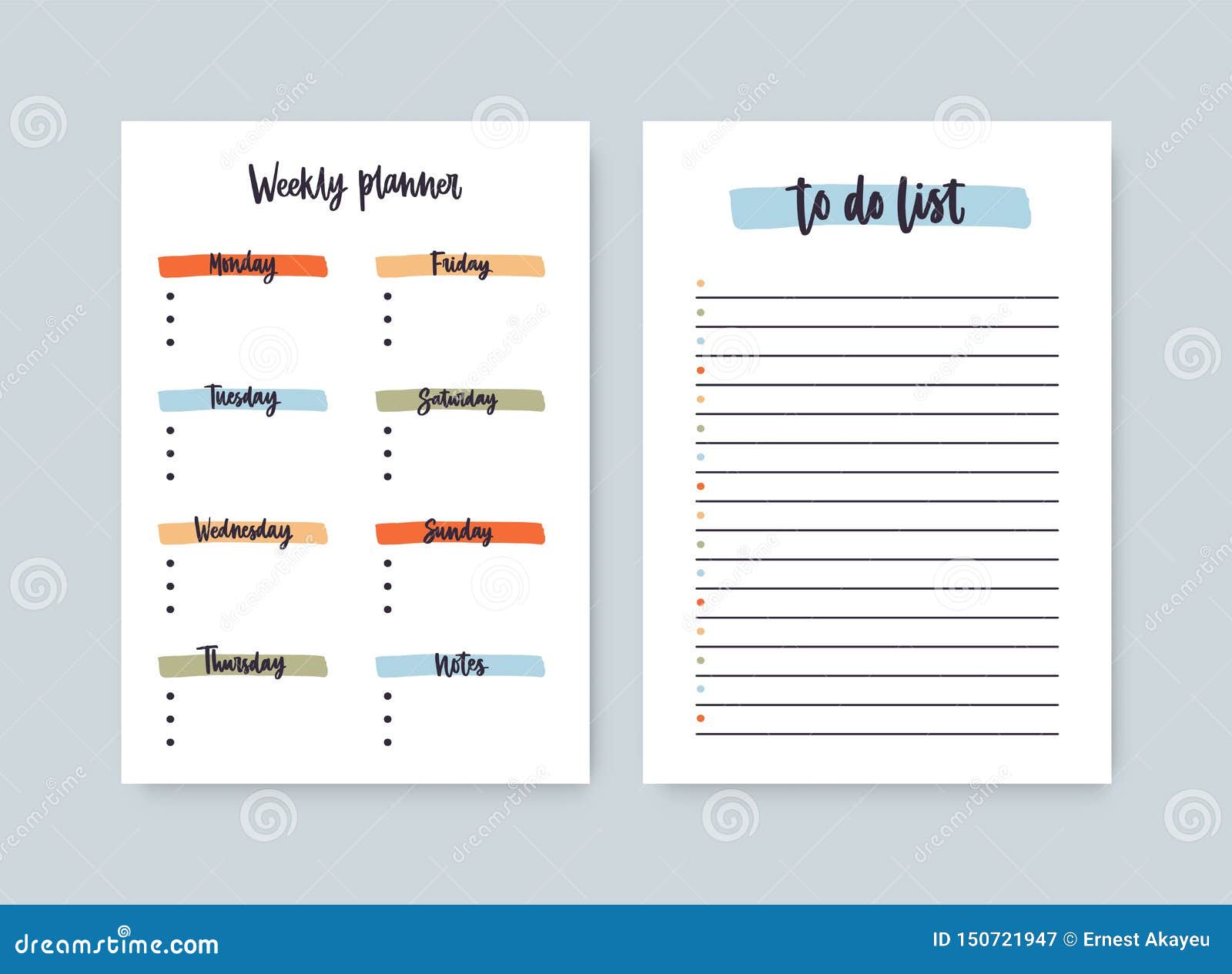 bundle of weekly planner and to-do-list templates with headings highlighted by brushstrokes. printable daily plan