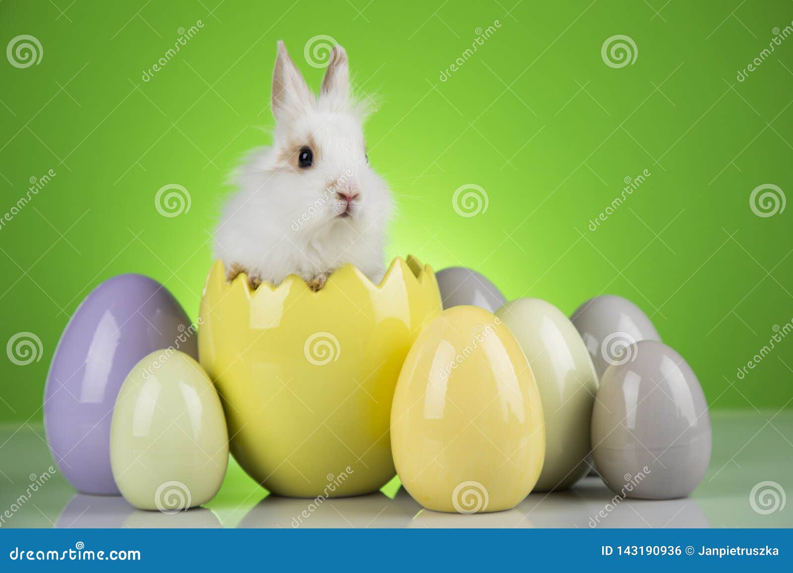 Bunny with Easter Eggs on Green Background Stock Photo - Image of cute ...