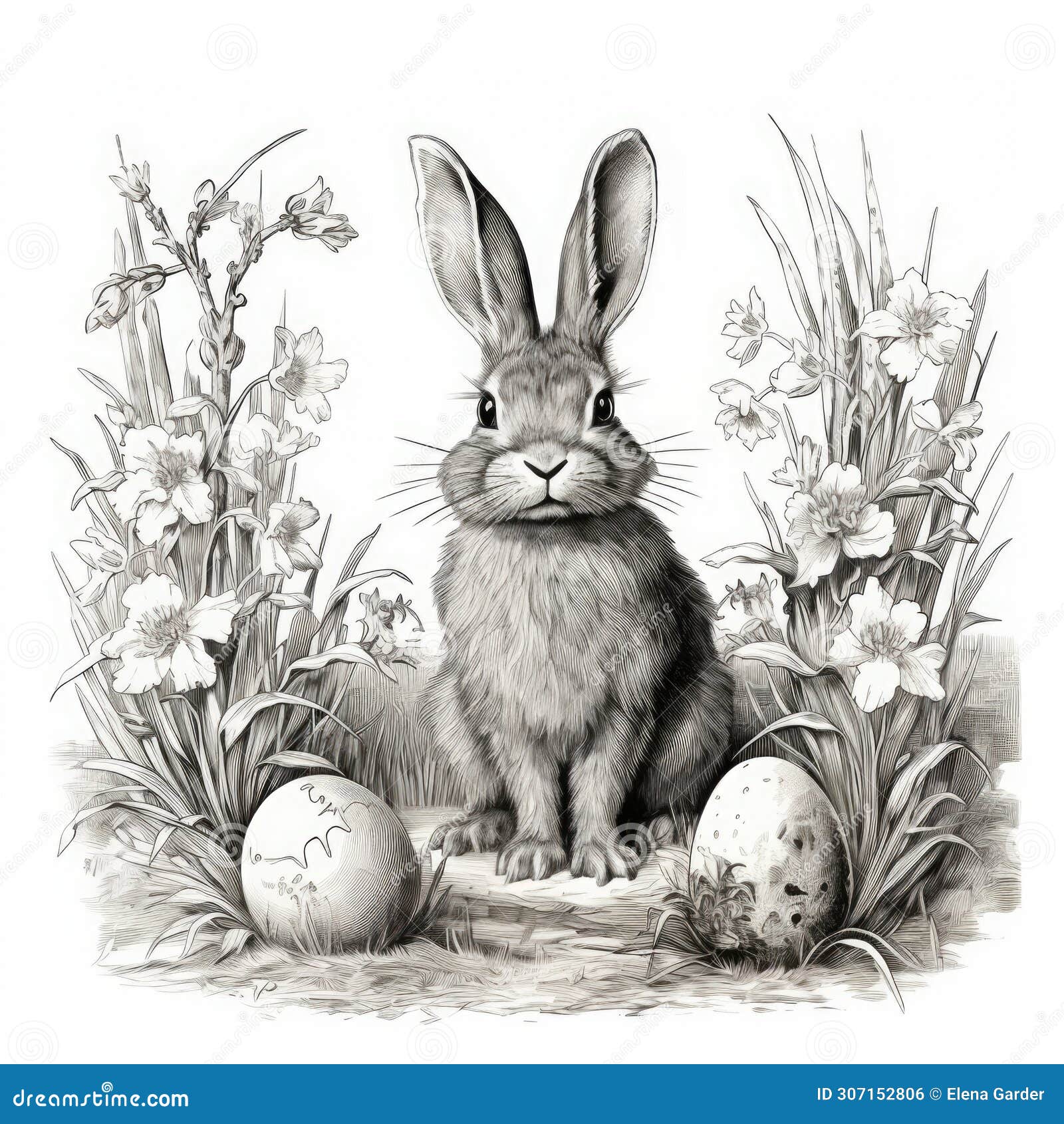 bunny  gravure style. easter concept on white background. for card or child book print.