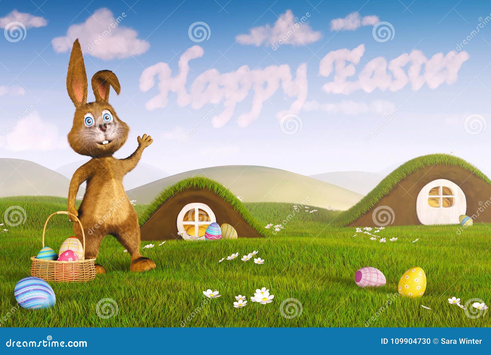 Bunny Pointing at Clouds Forming the Words `Happy Easter` Stock ...