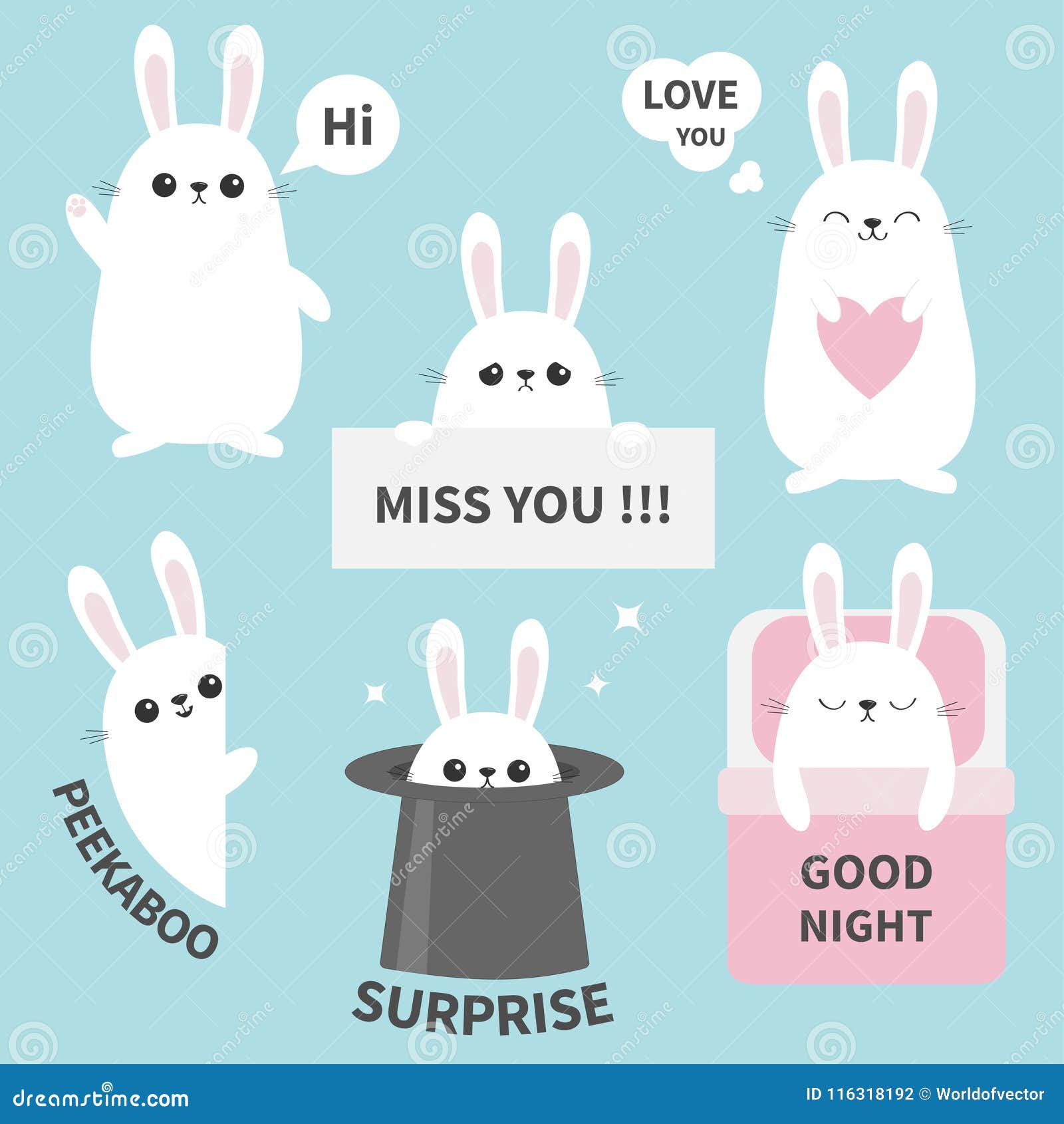 Bunny Rabbit Sticker Emotion Emoji Icon Set. Miss You. Hi. Good ...