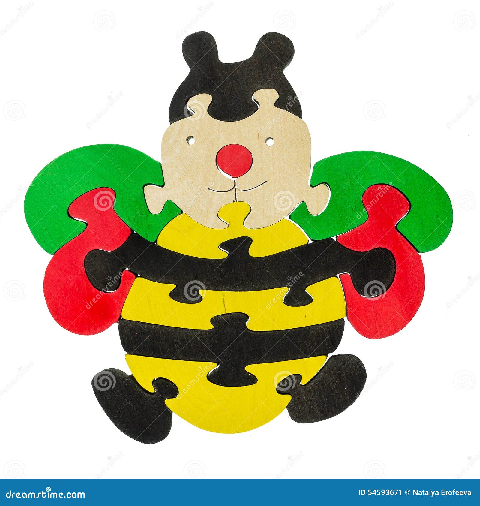 Bunte hölzerne Puzzlespielstücke in der Bienenform. Buntes hölzernes Puzzlespiel bessert in der Bienenform aus, die über weißem Hintergrund lokalisiert wird