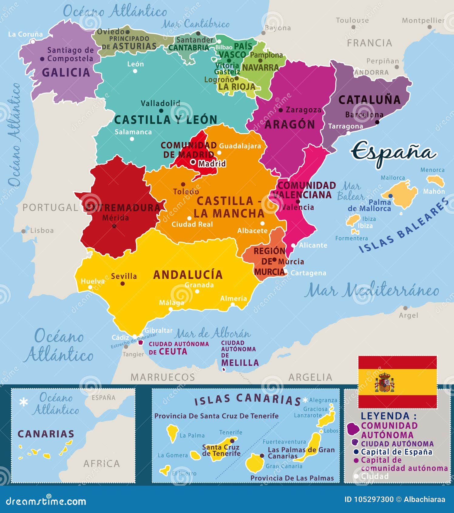 Bunte Karte Von Spanien Bundesländer Und Wichtige Städte Vektor